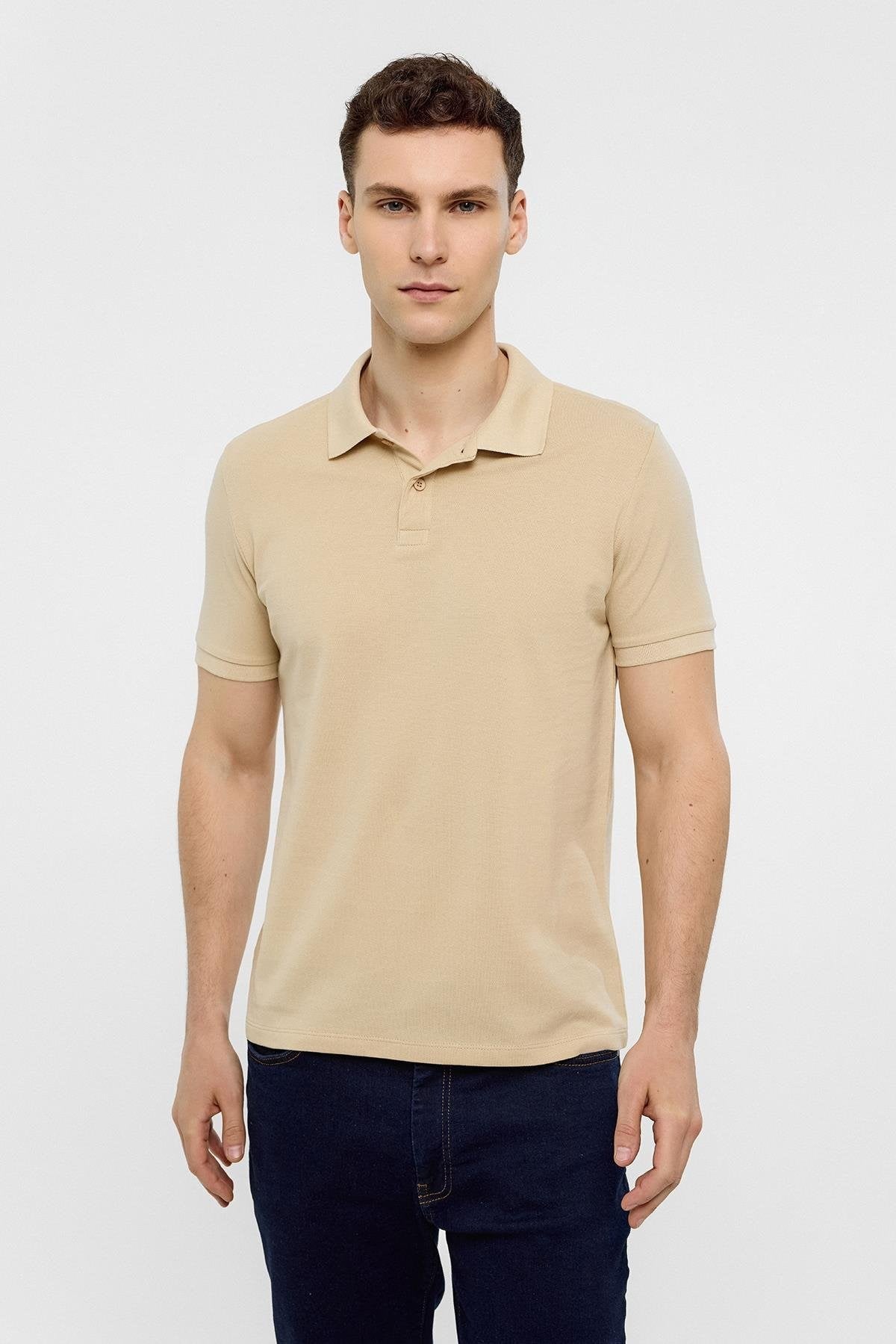 Bej Slim Düz Polo Yaka Tişört