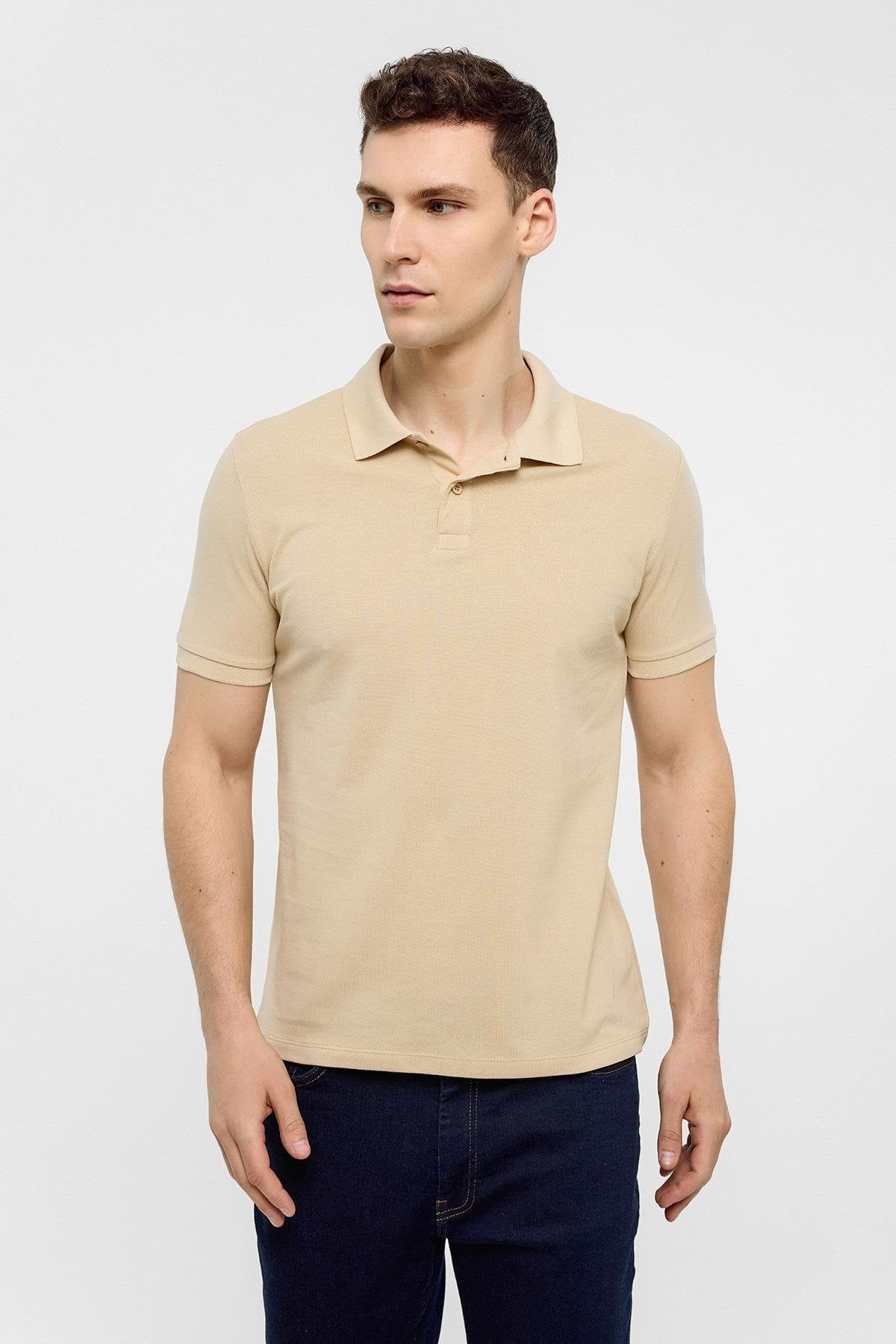 Bej Slim Düz Polo Yaka Tişört