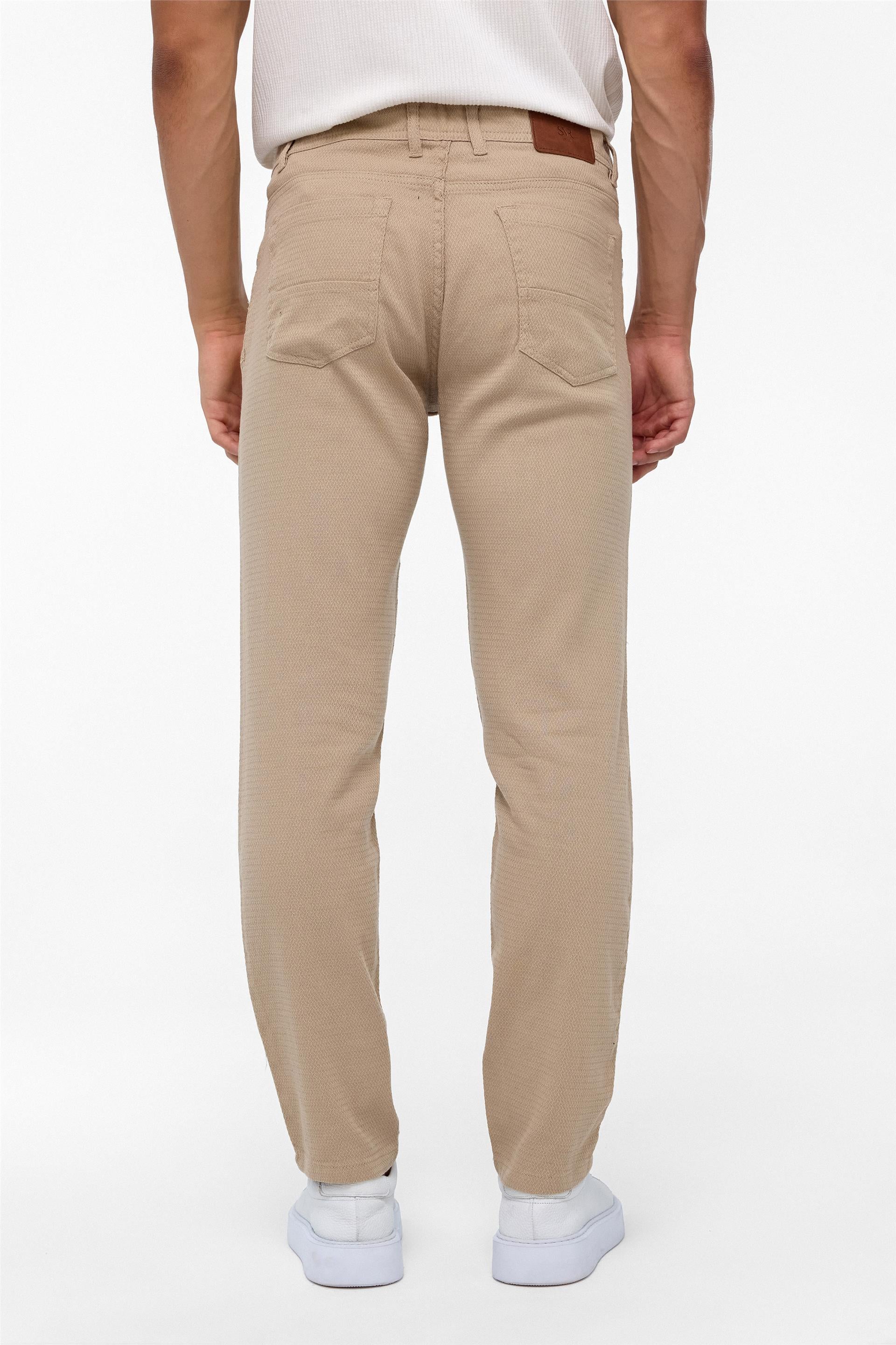 Bej Slim Fit 5 Cep Kalıp Armürlü Kanvas Pantolon