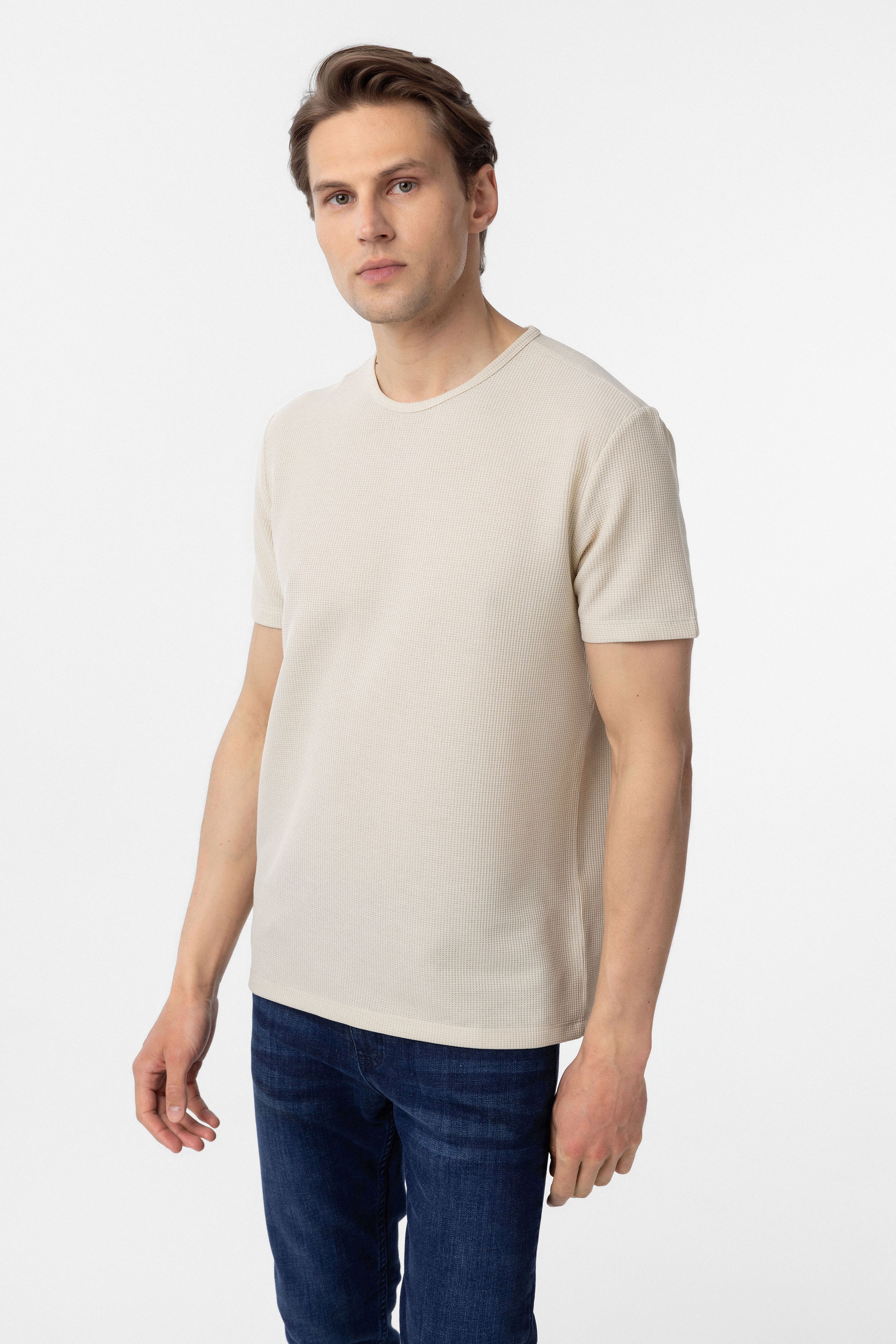 Süvari Bej Slim Fit Armürlü Bisiklet Yaka Tişört görsel 3