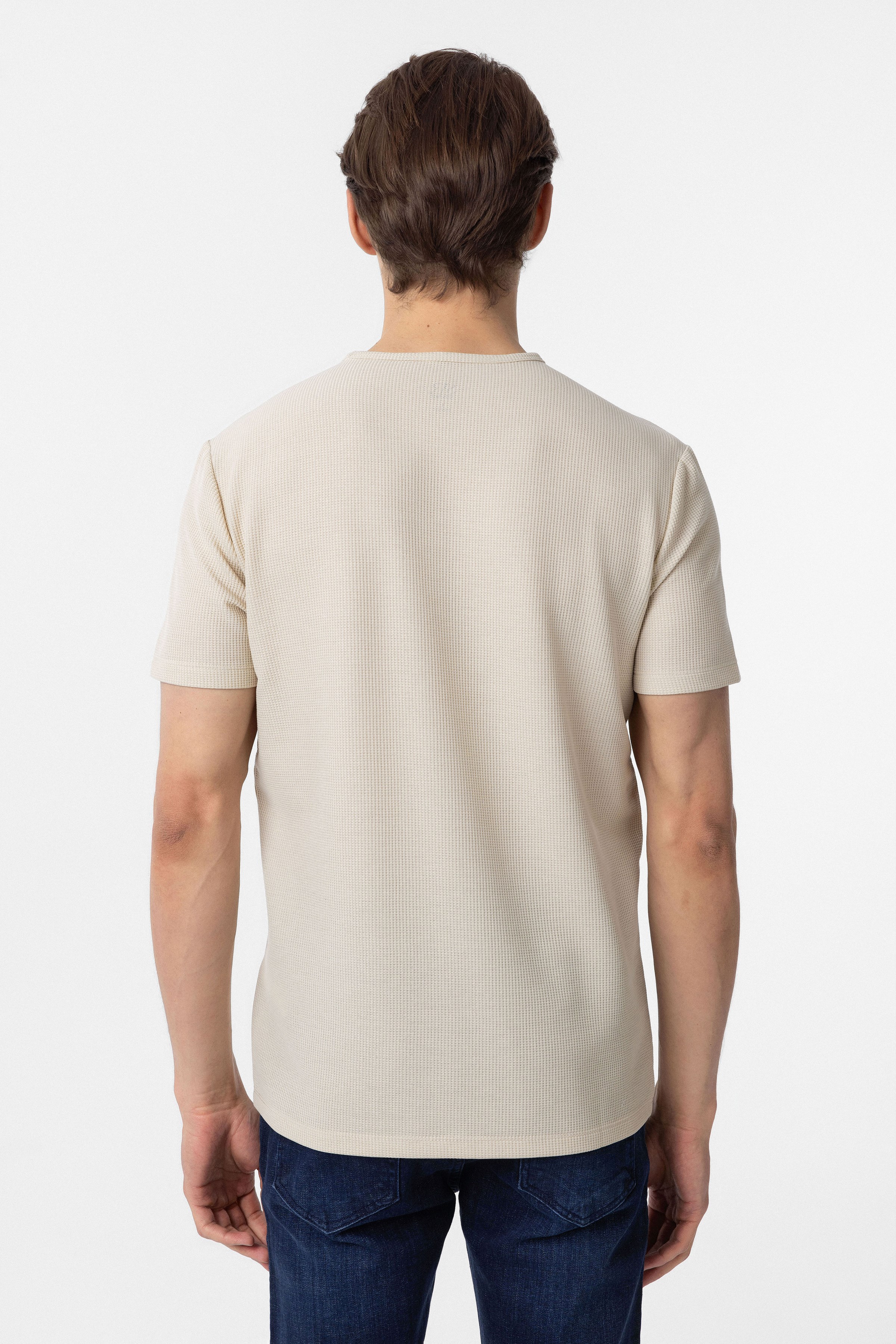 Süvari Bej Slim Fit Armürlü Bisiklet Yaka Tişört görsel 5