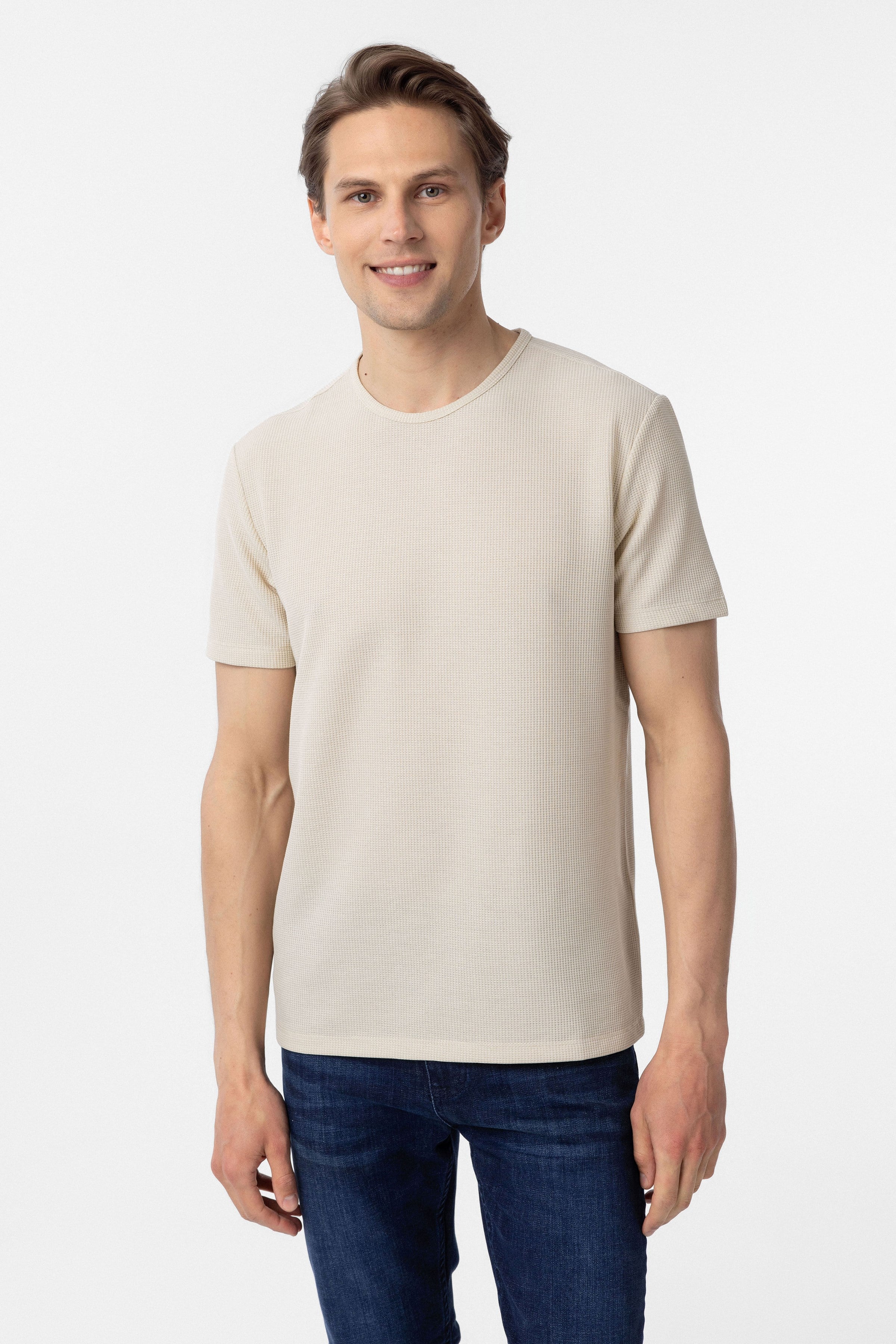 Süvari Bej Slim Fit Armürlü Bisiklet Yaka Tişört