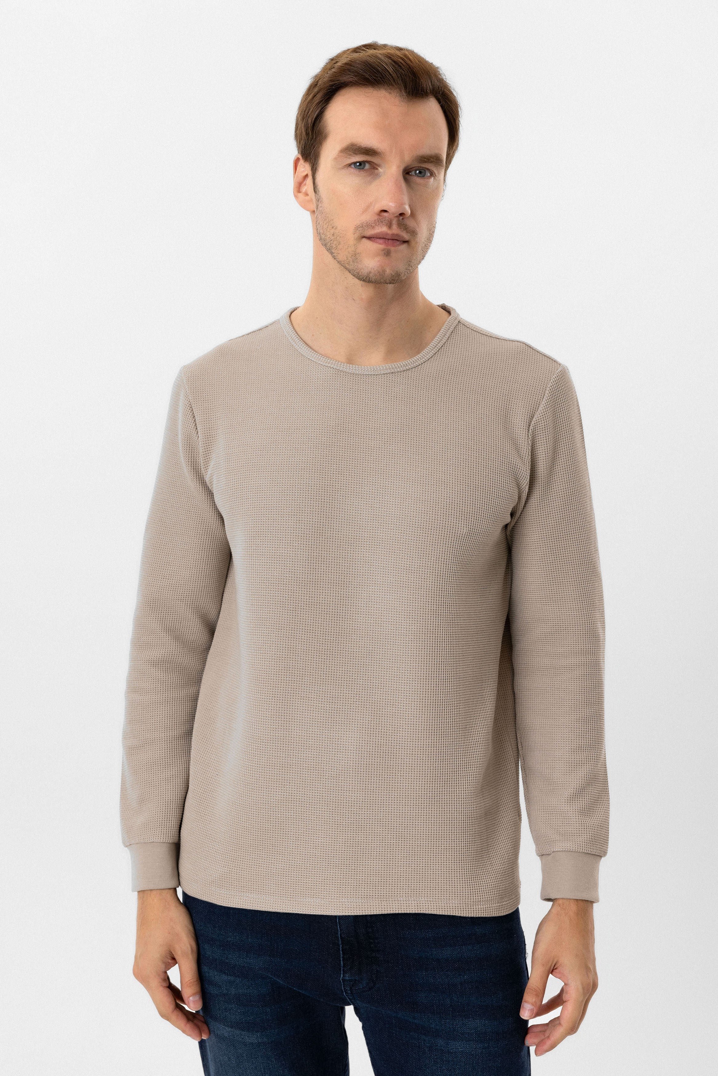 Bej Slim Fit Armürlü Bisiklet Yaka Triko Kazak