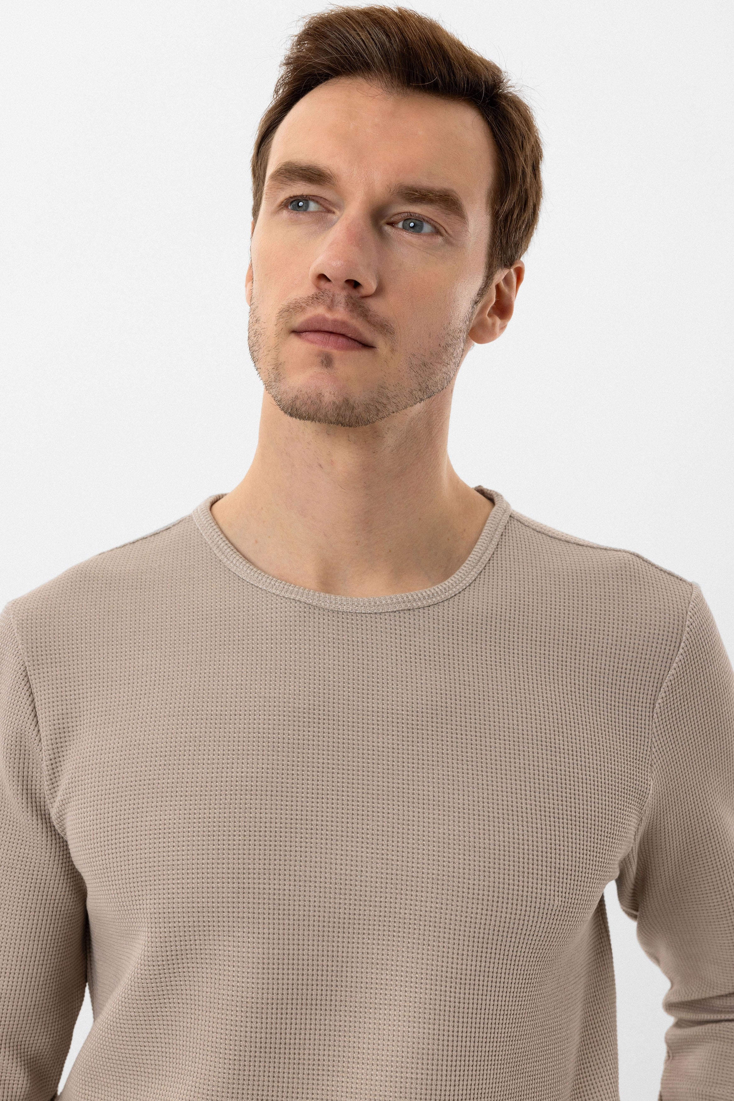 Bej Slim Fit Armürlü Bisiklet Yaka Triko Kazak