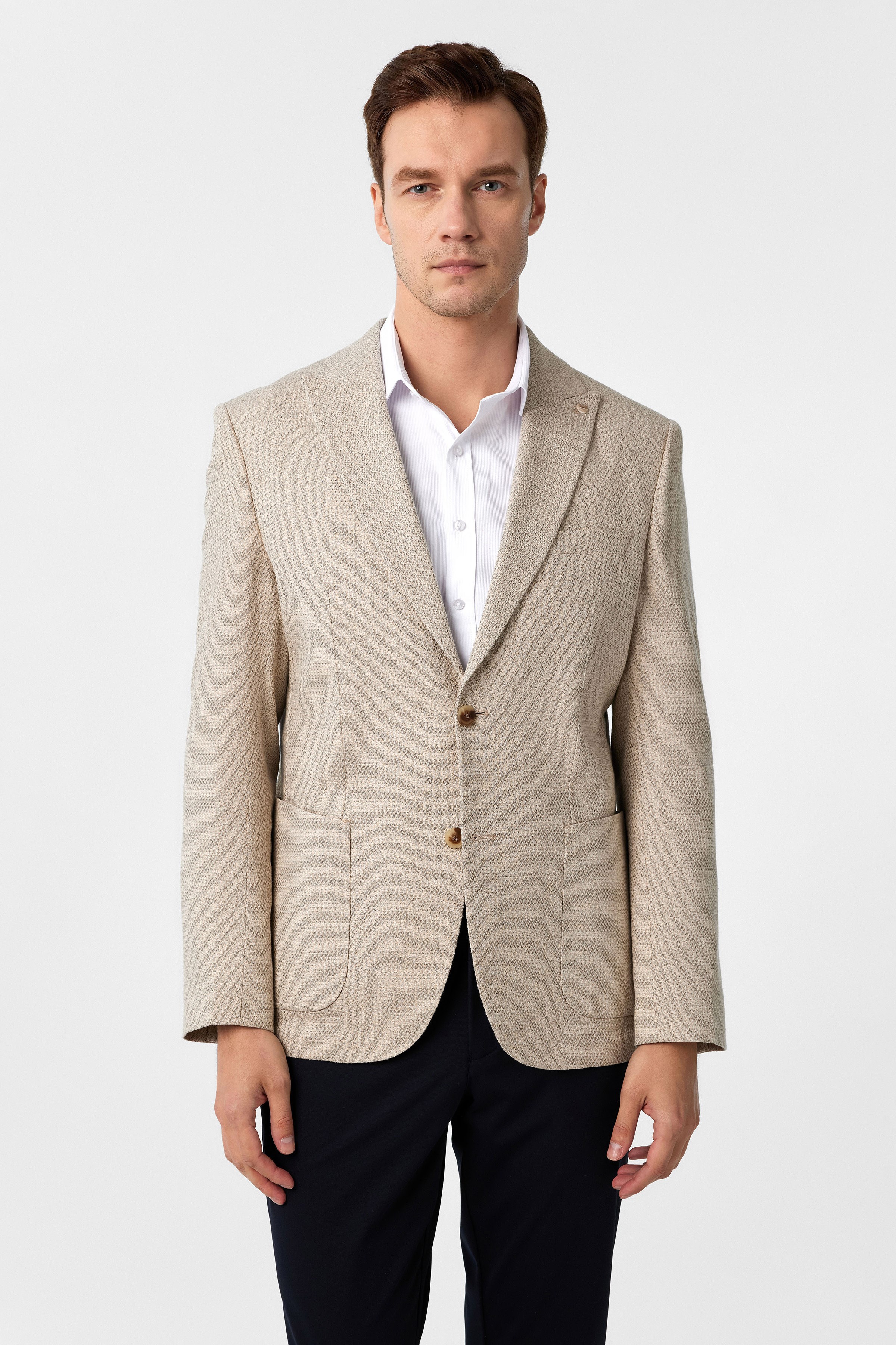 Süvari Bej Slim Fit Desenli Sivri Yaka 6 Drop Ceket
