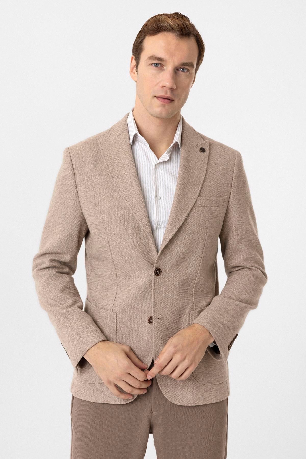 Süvari Bej Slim Fit Sivri Yaka 6 Drop Ceket