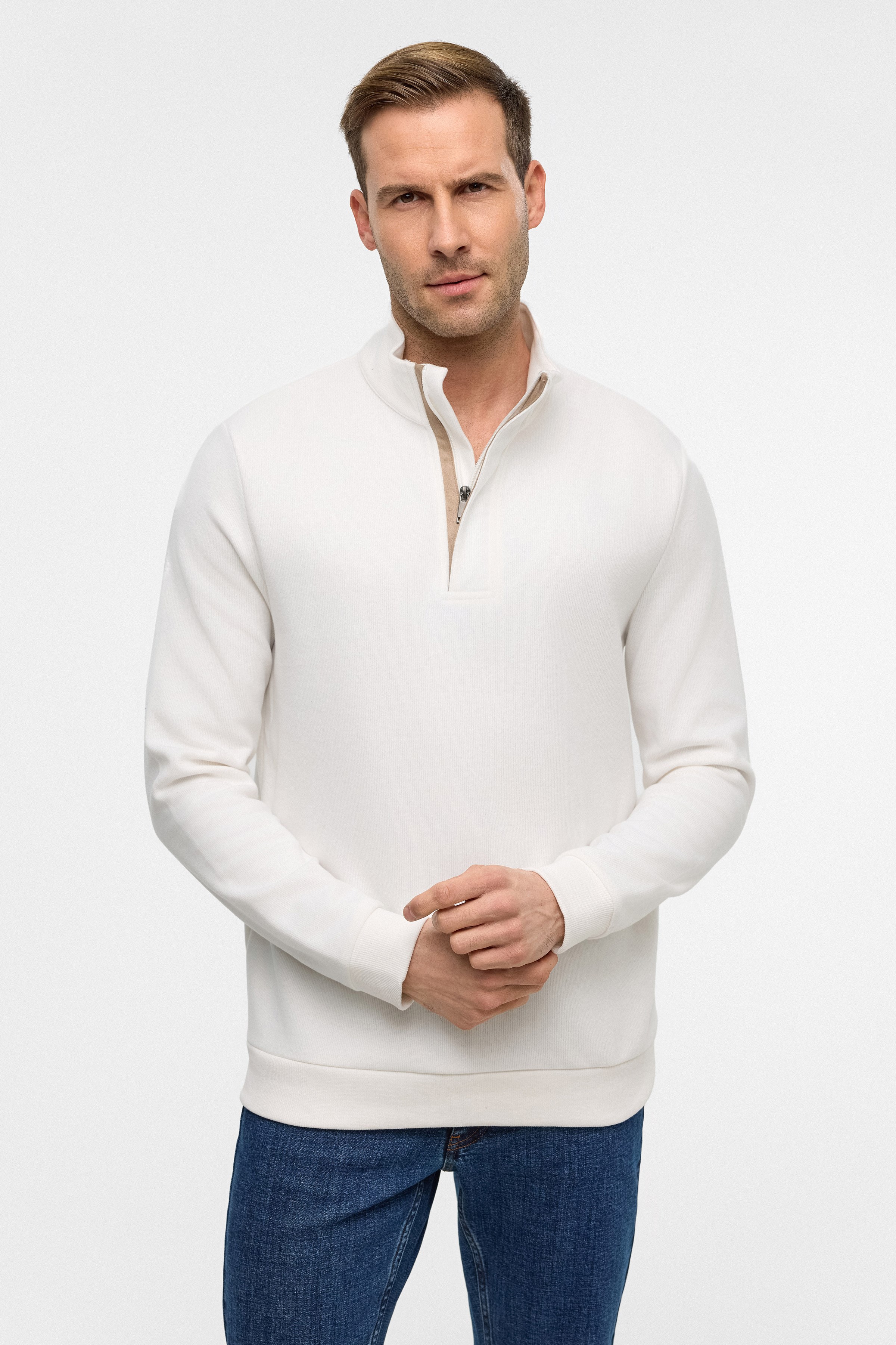 Süvari Beyaz Regular Düz Polo Yaka Sweatshirt