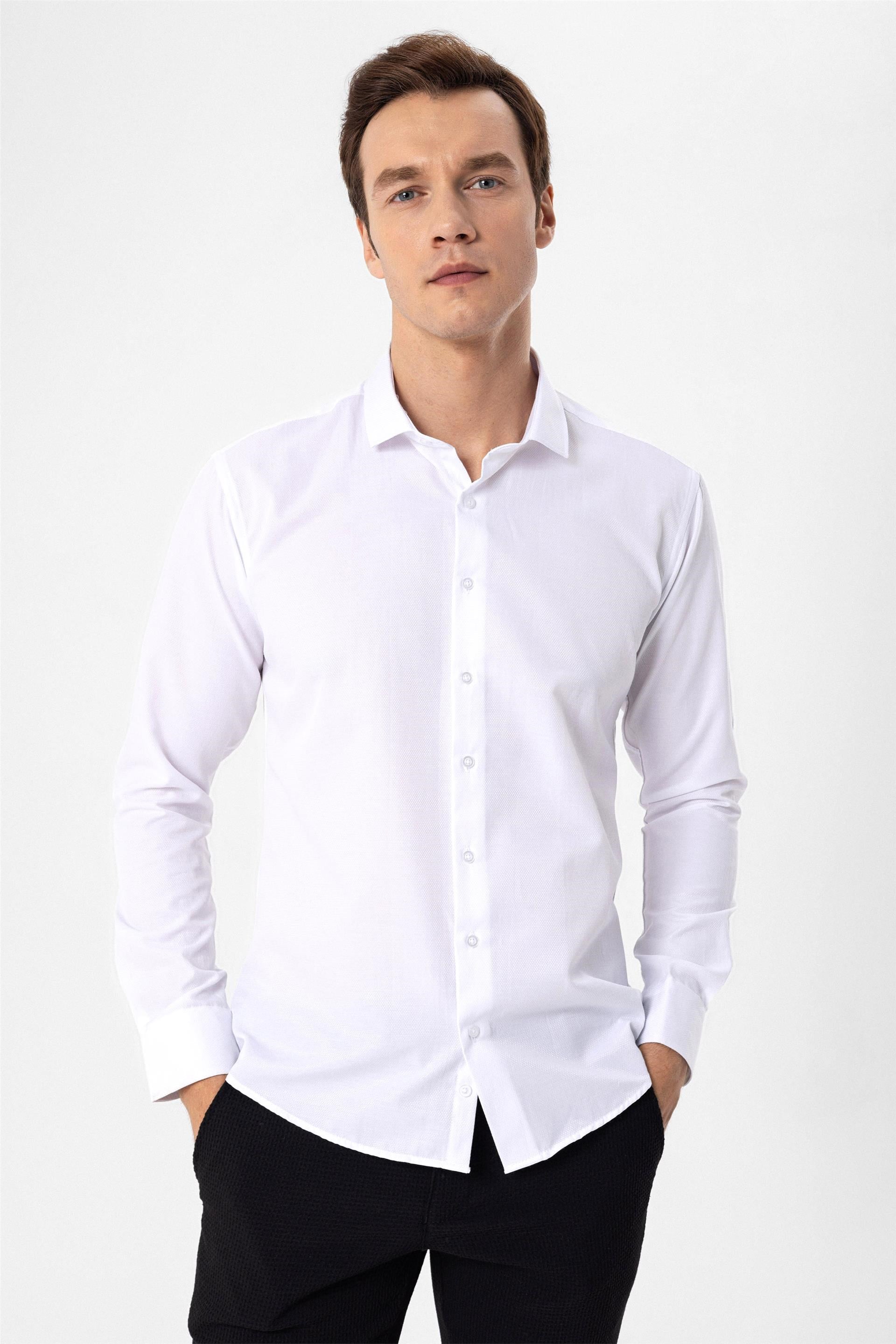 Beyaz Slim Fit Armürlü Klasik Yaka Gömlek