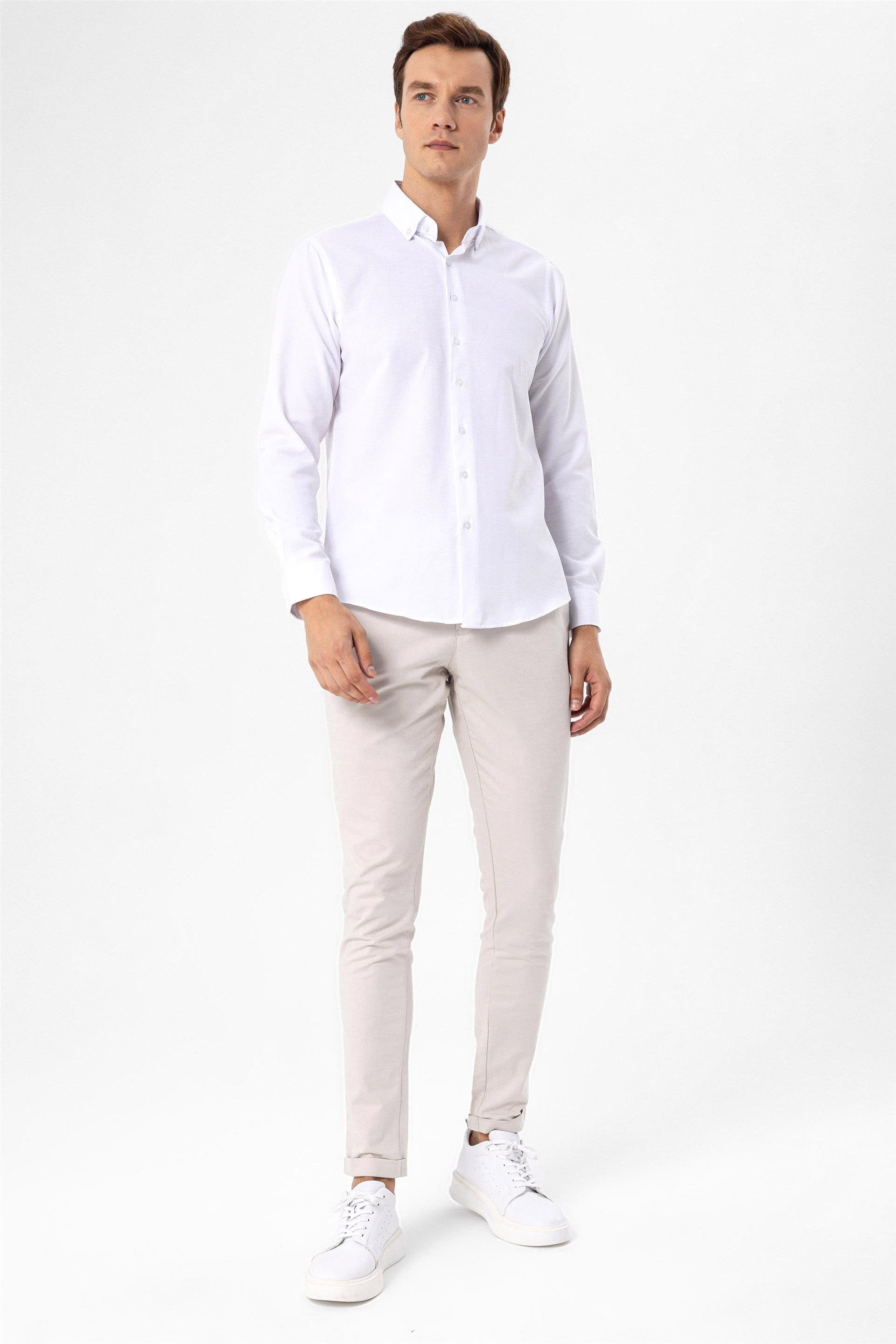 Süvari Beyaz Slim Fit Düz Düğmeli Yaka Gömlek görsel 4
