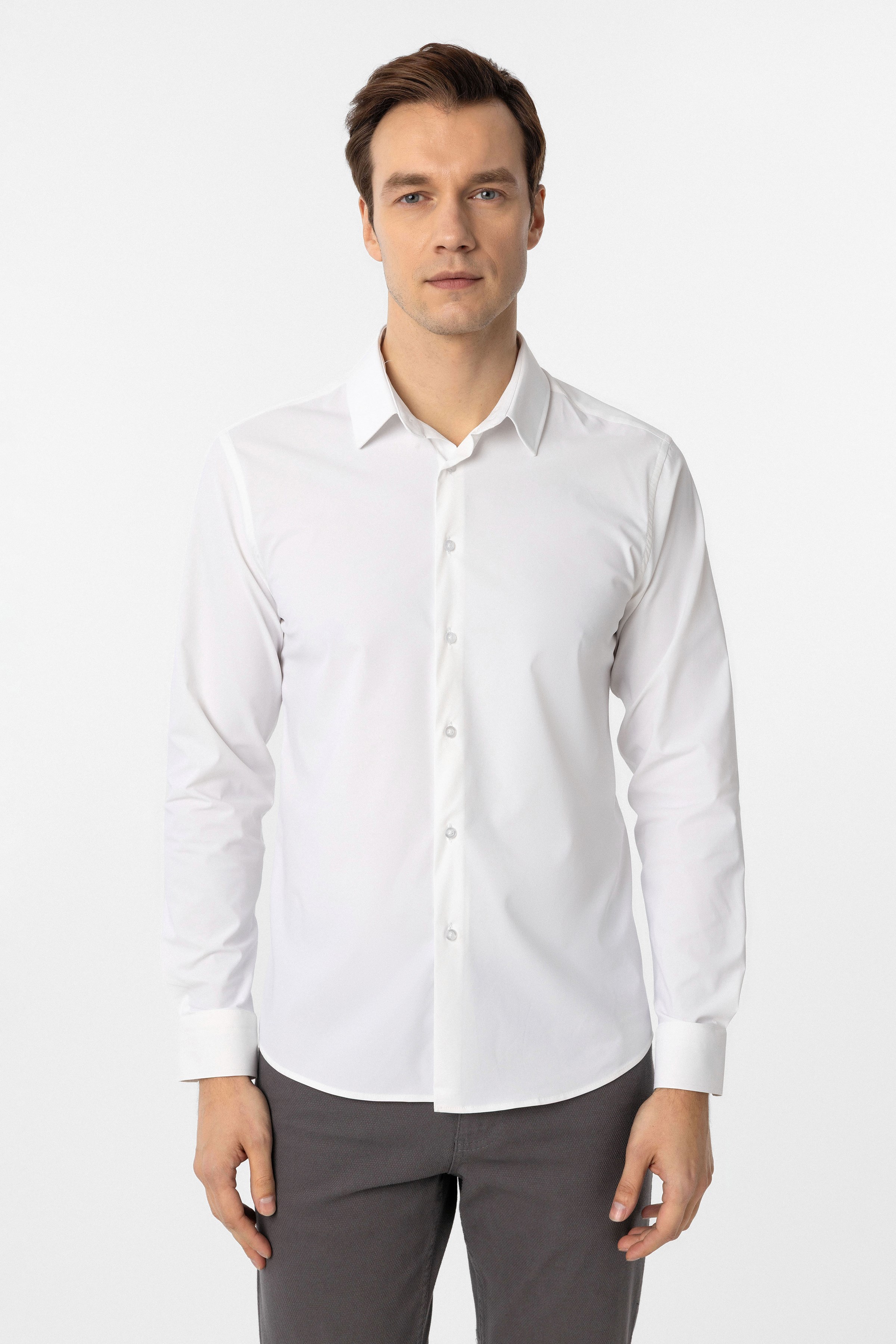 Süvari Beyaz Slim Fit Düz Klasik Yaka Gömlek