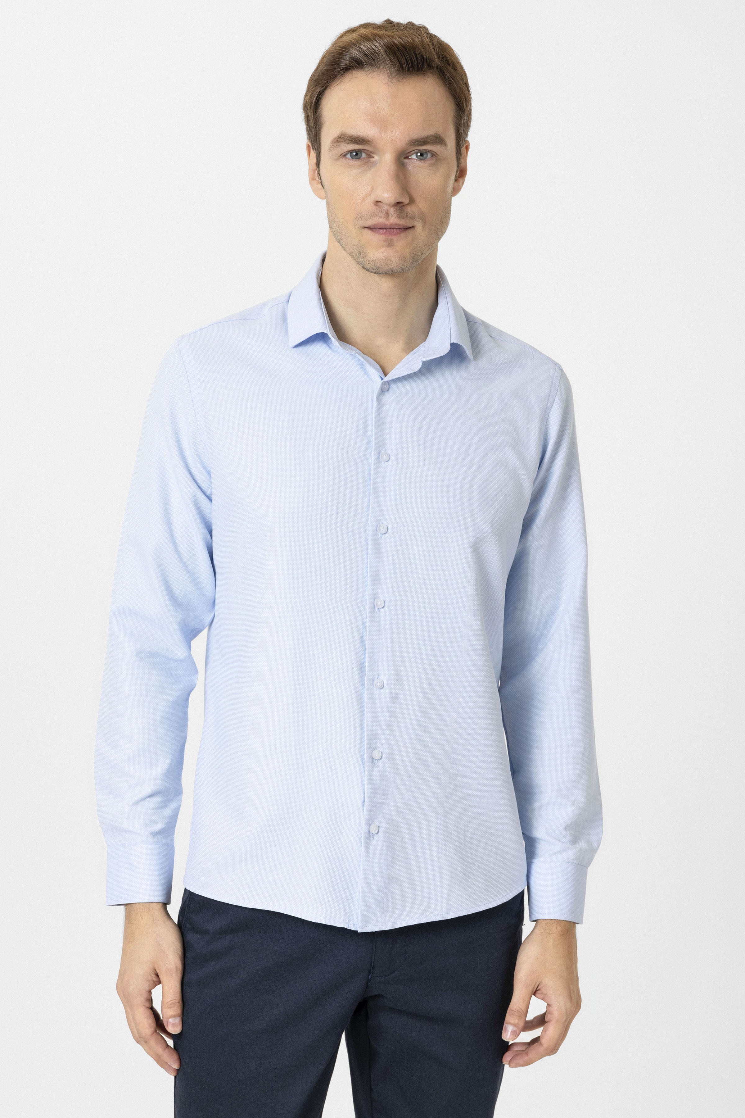 Süvari Buz Mavi Slim Fit Desenli Klasik Yaka Gömlek