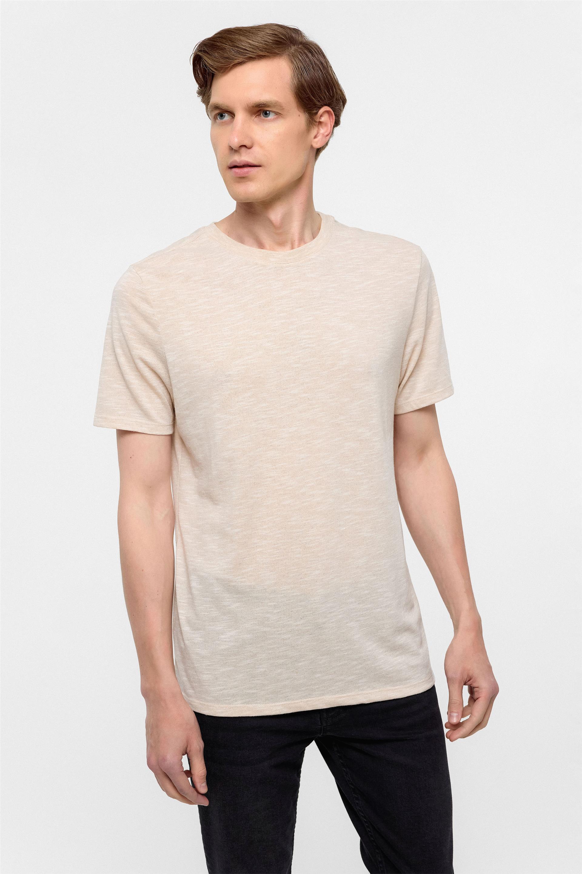 Ekru Regular Armürlü Bisiklet Yaka Tişört