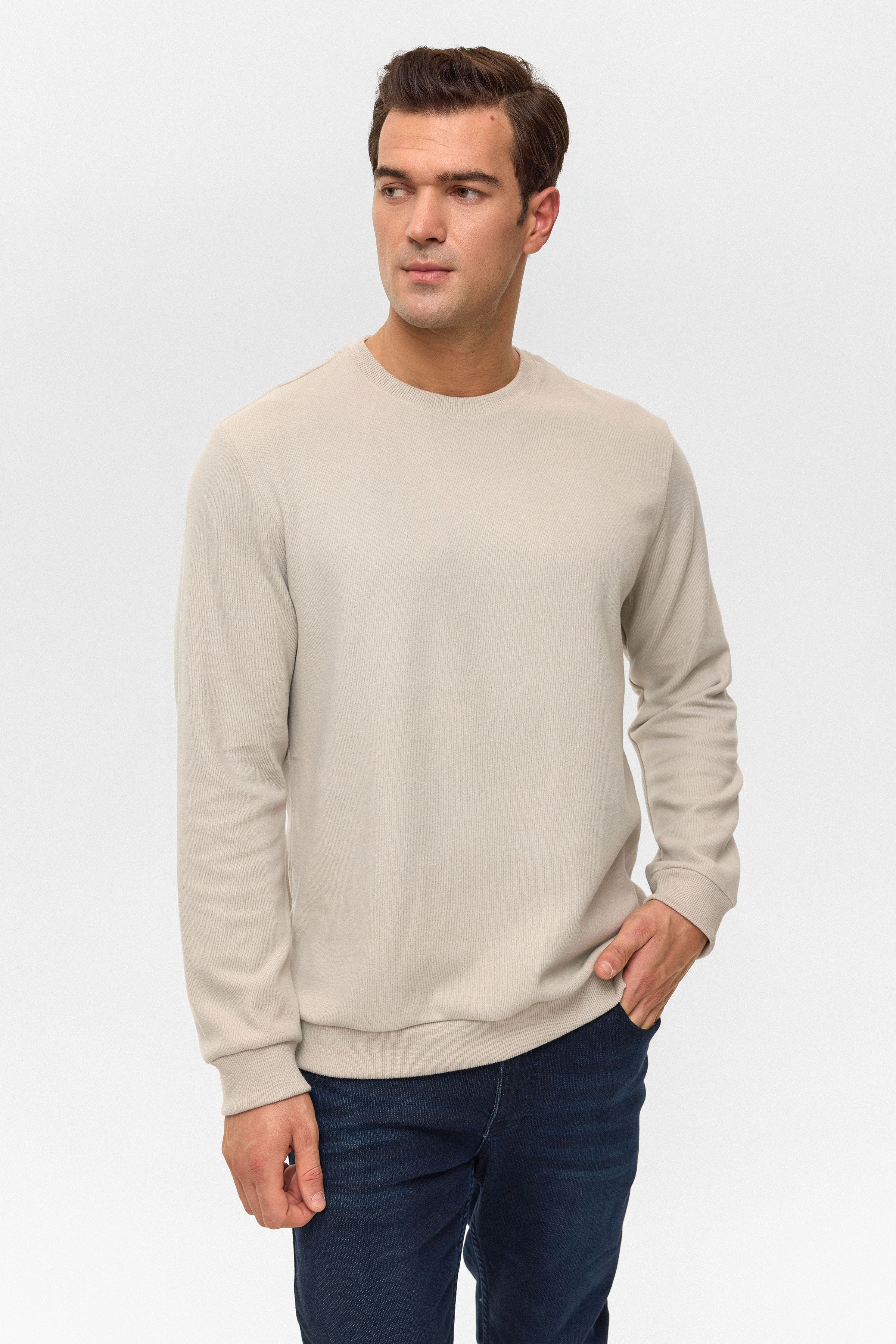 Süvari Ekru Regular Düz Bisiklet Yaka Sweatshirt