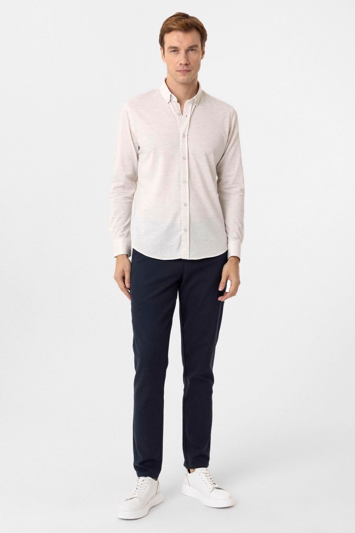 Süvari Ekru Slim Fit Armürlü Düğmeli Yaka Gömlek görsel 4