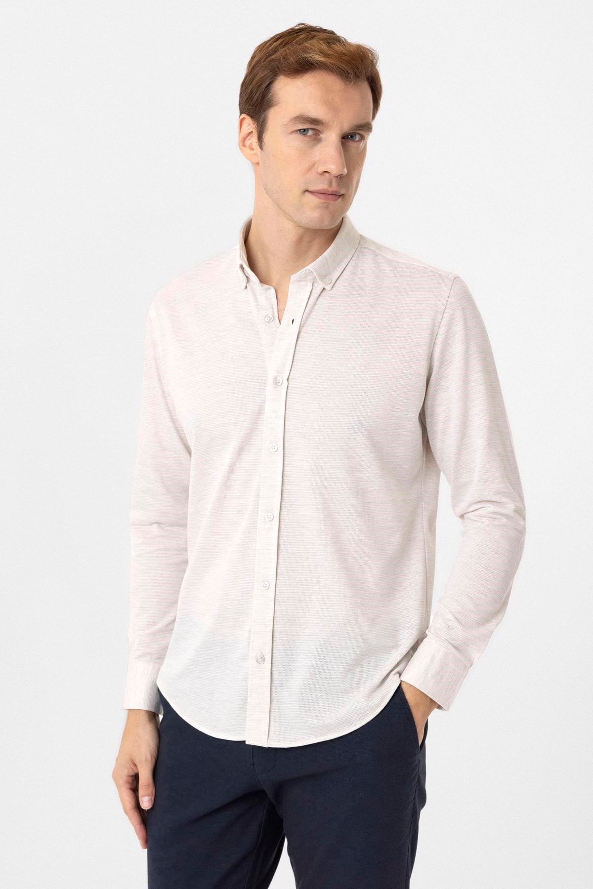 Süvari Ekru Slim Fit Armürlü Düğmeli Yaka Gömlek