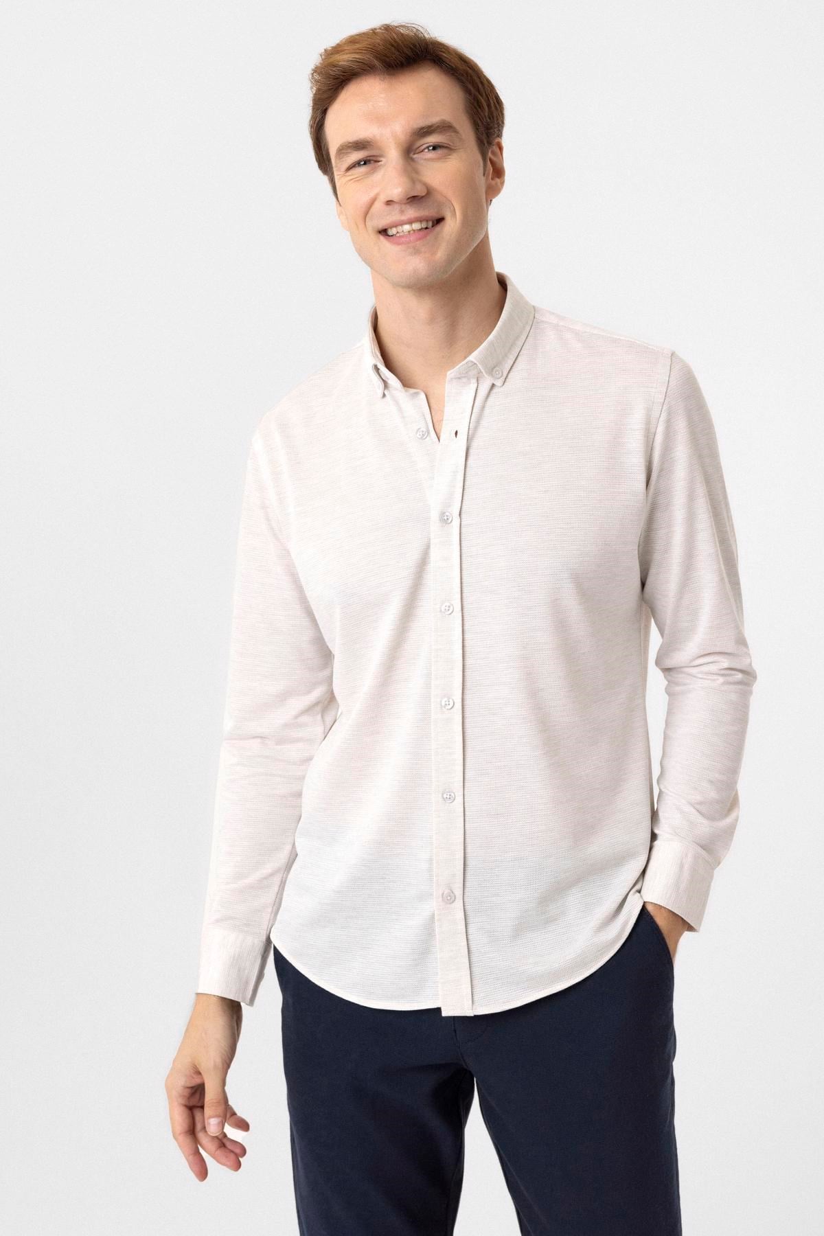 Süvari Ekru Slim Fit Armürlü Düğmeli Yaka Gömlek görsel 3