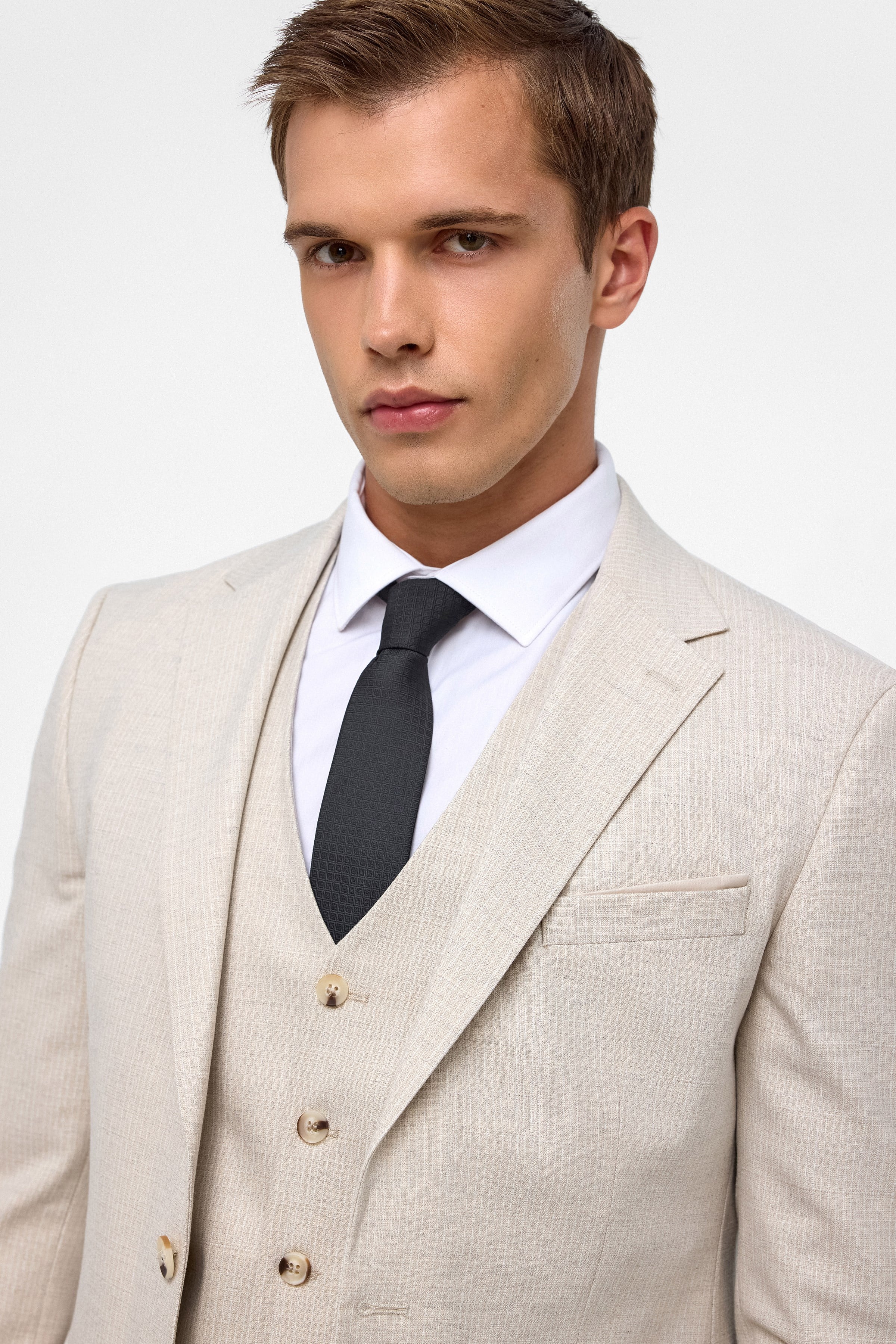 Süvari Ekru Slim Fit Desenli Mono Yaka 6 Drop Yelekli Klasik Takım Elbise görsel 4