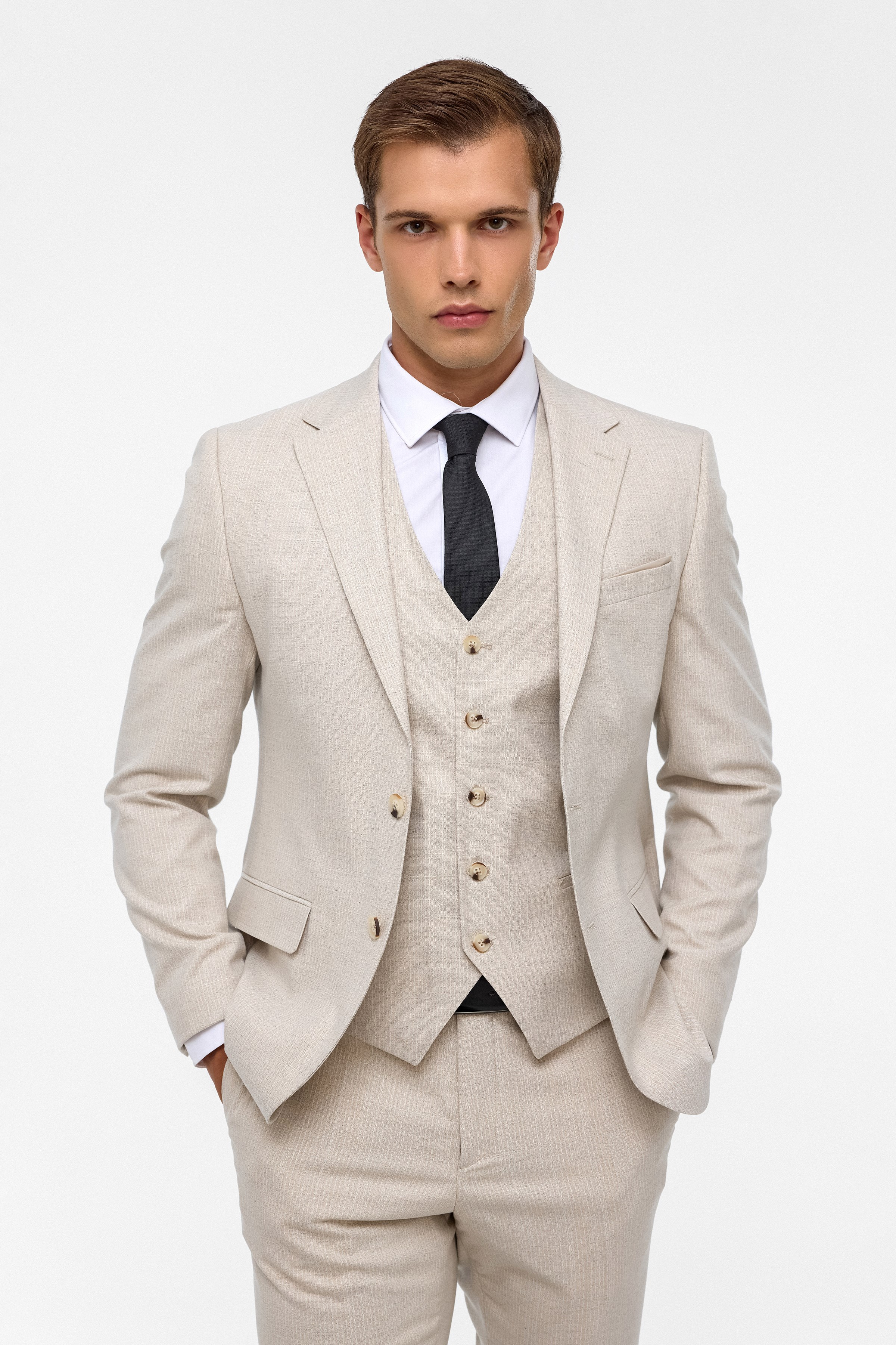 Süvari Ekru Slim Fit Desenli Mono Yaka 6 Drop Yelekli Klasik Takım Elbise görsel 3