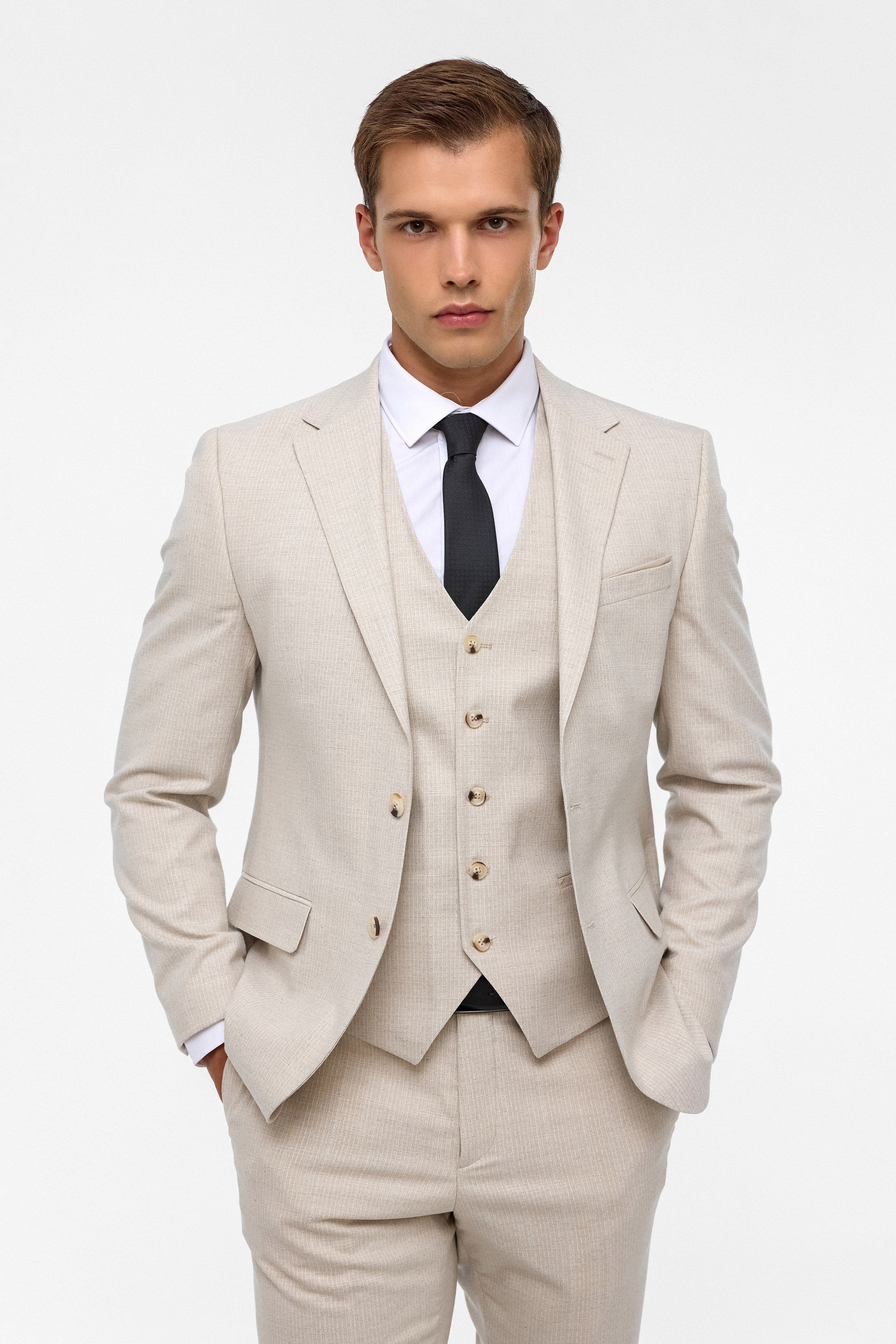 Ekru Slim Fit Desenli Mono Yaka 6 Drop Yelekli Klasik Takım Elbise