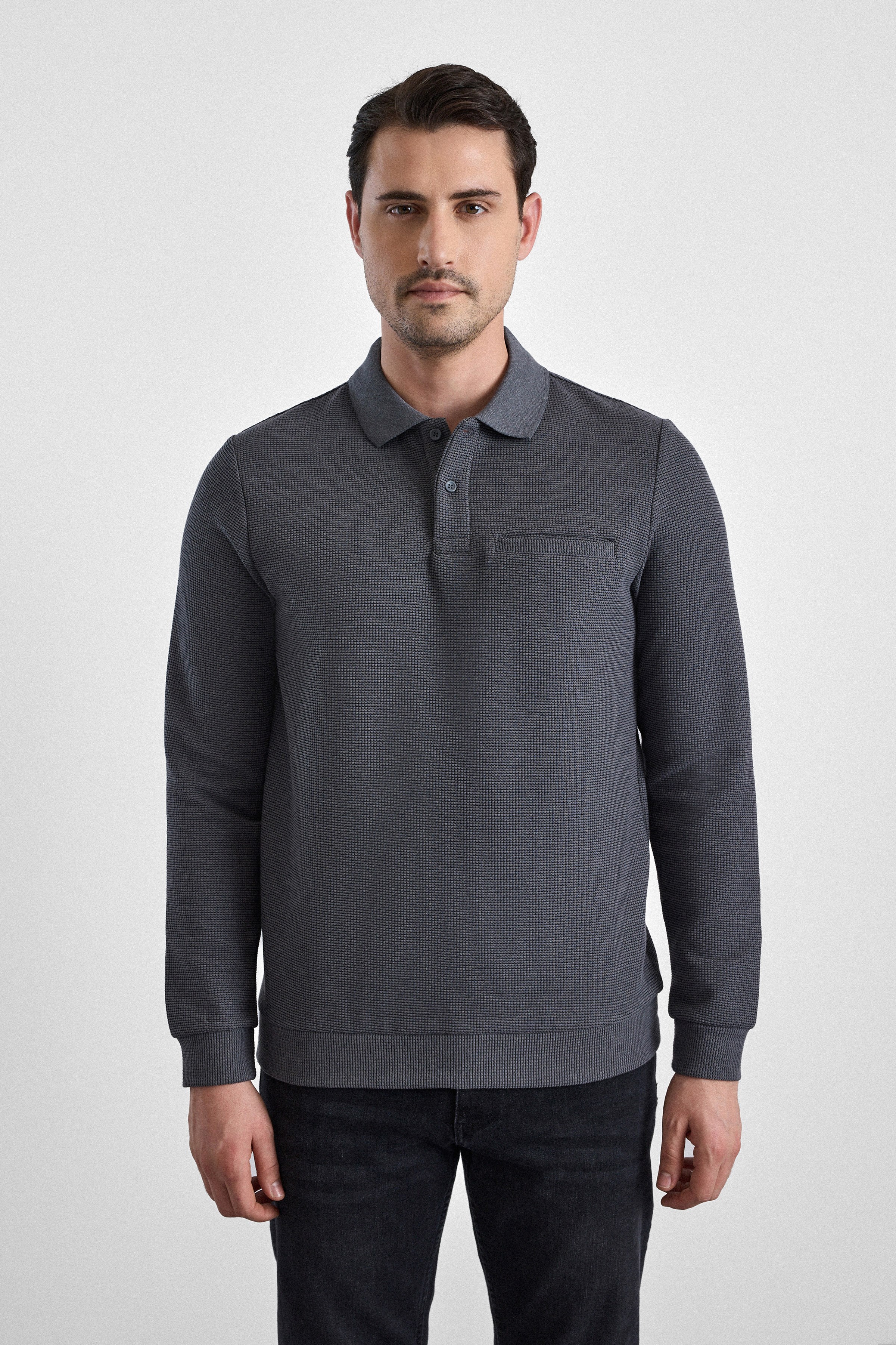 Süvari Gri Regular Düz Polo Yaka Sweatshirt