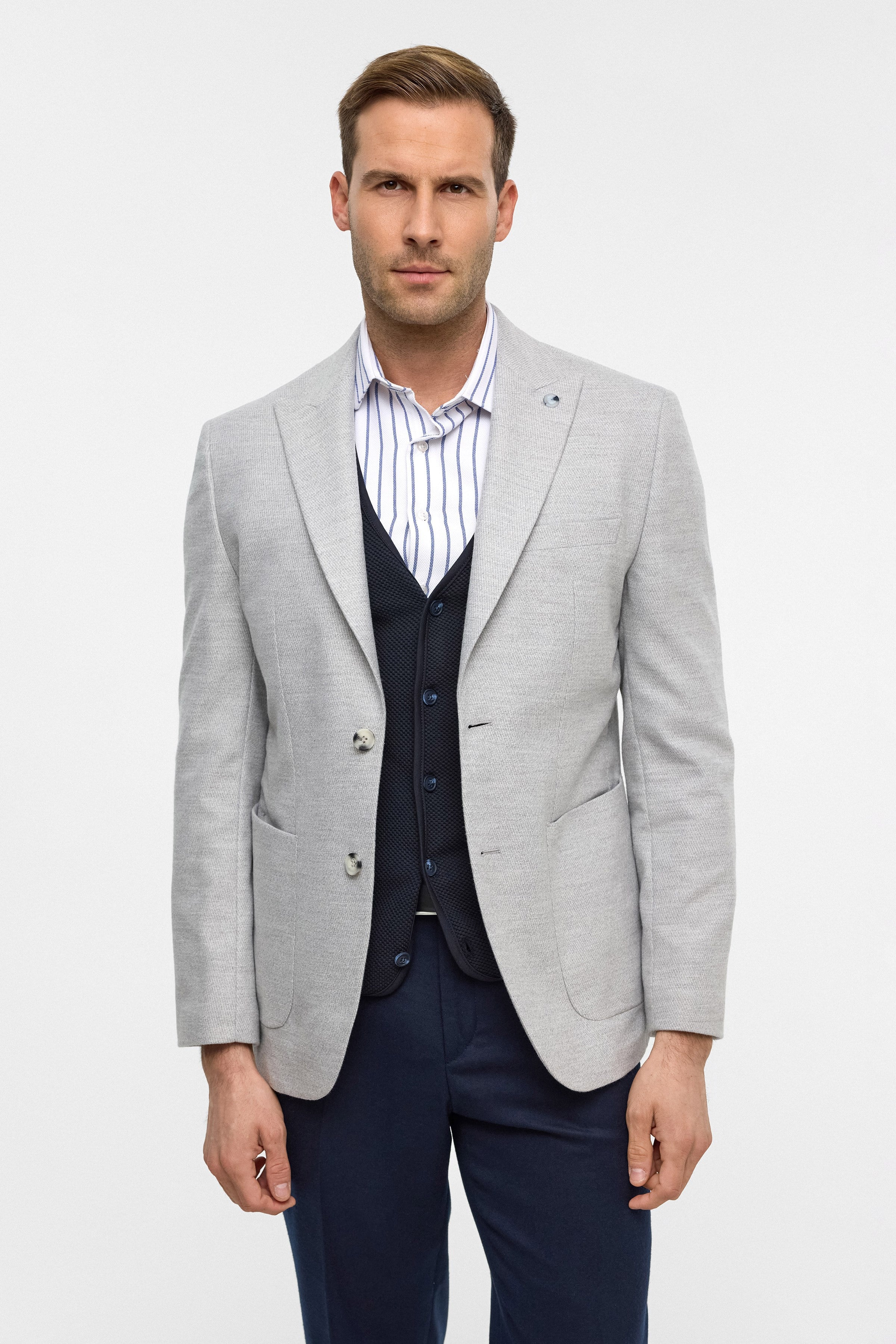 Süvari Gri Slim Desenli Mono Yaka 6 Drop Ceket