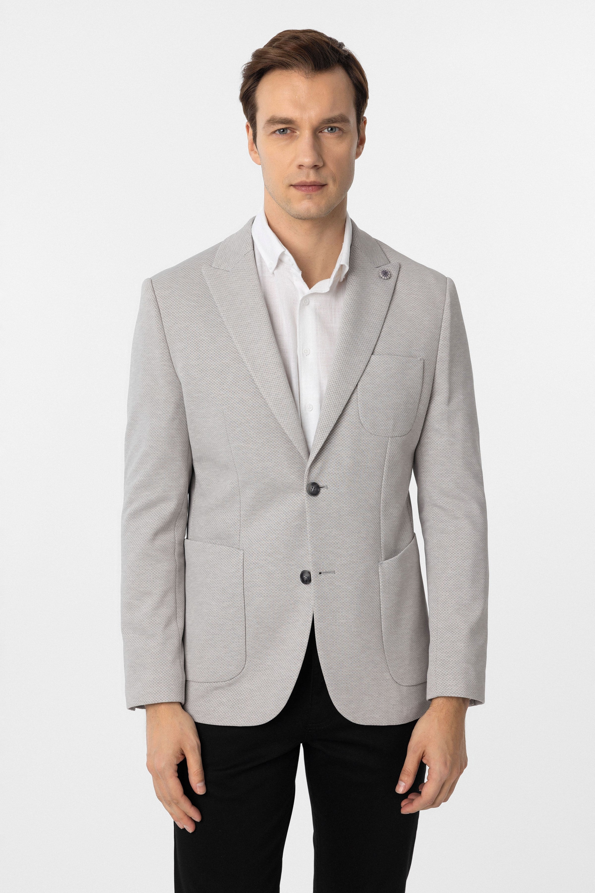 Süvari Gri Slim Fit Armürlü Sivri Yaka 6 Drop Ceket
