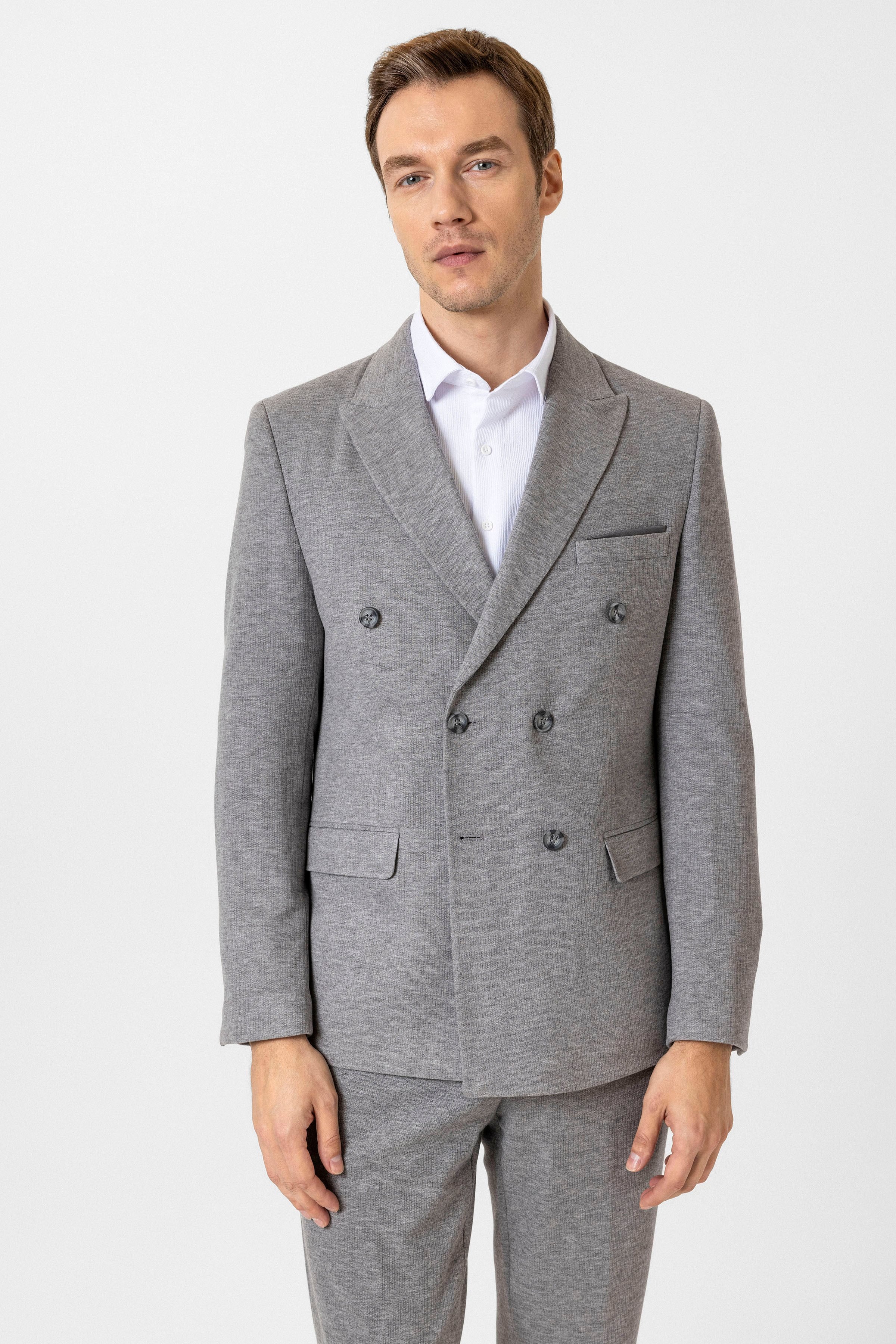 Gri Slim Fit Desenli Kruvaze Yaka 6 Drop Spor Takım Elbise