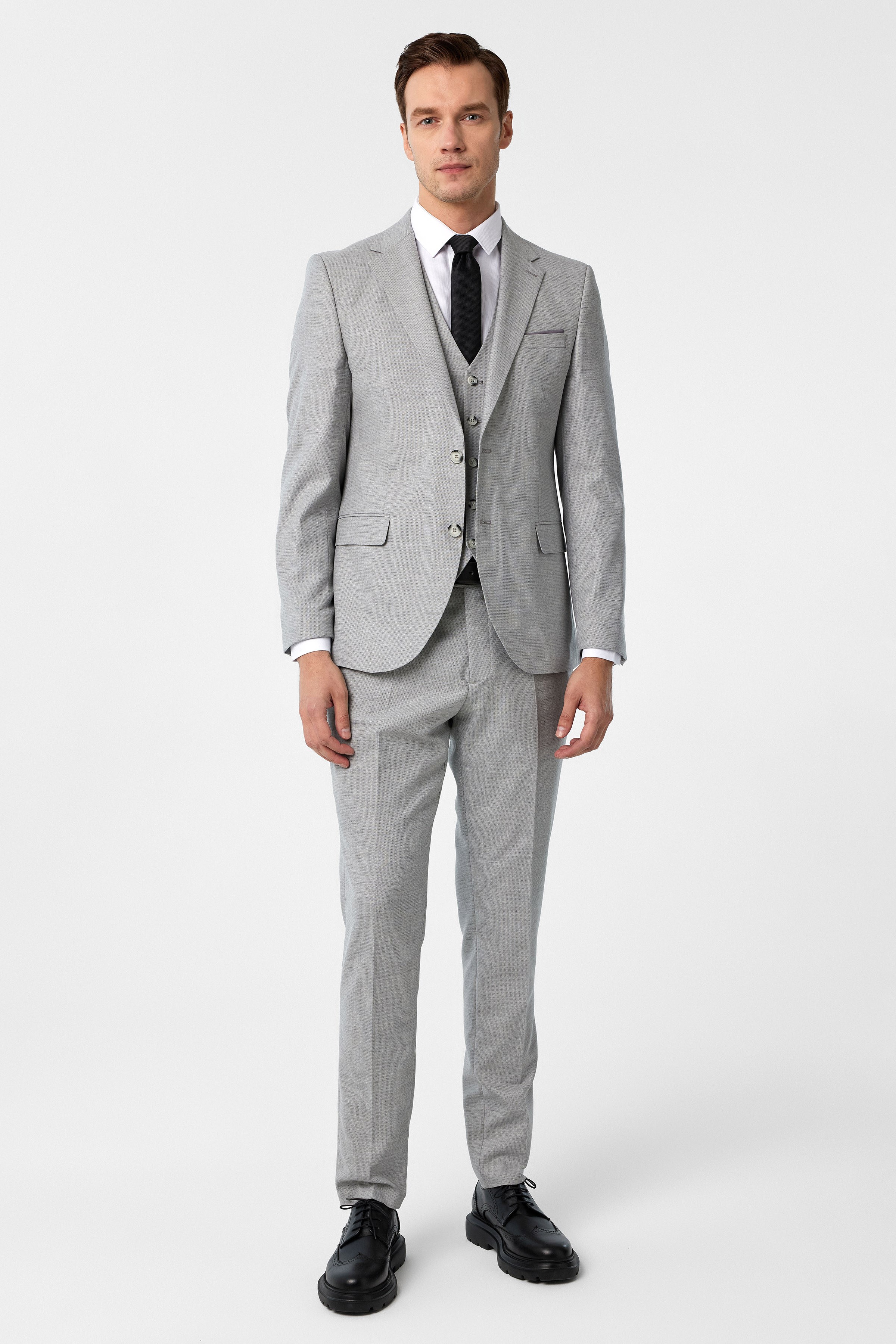 Süvari Gri Slim Fit Desenli Mono Yaka 6 Drop Yelekli Klasik Takım Elbise