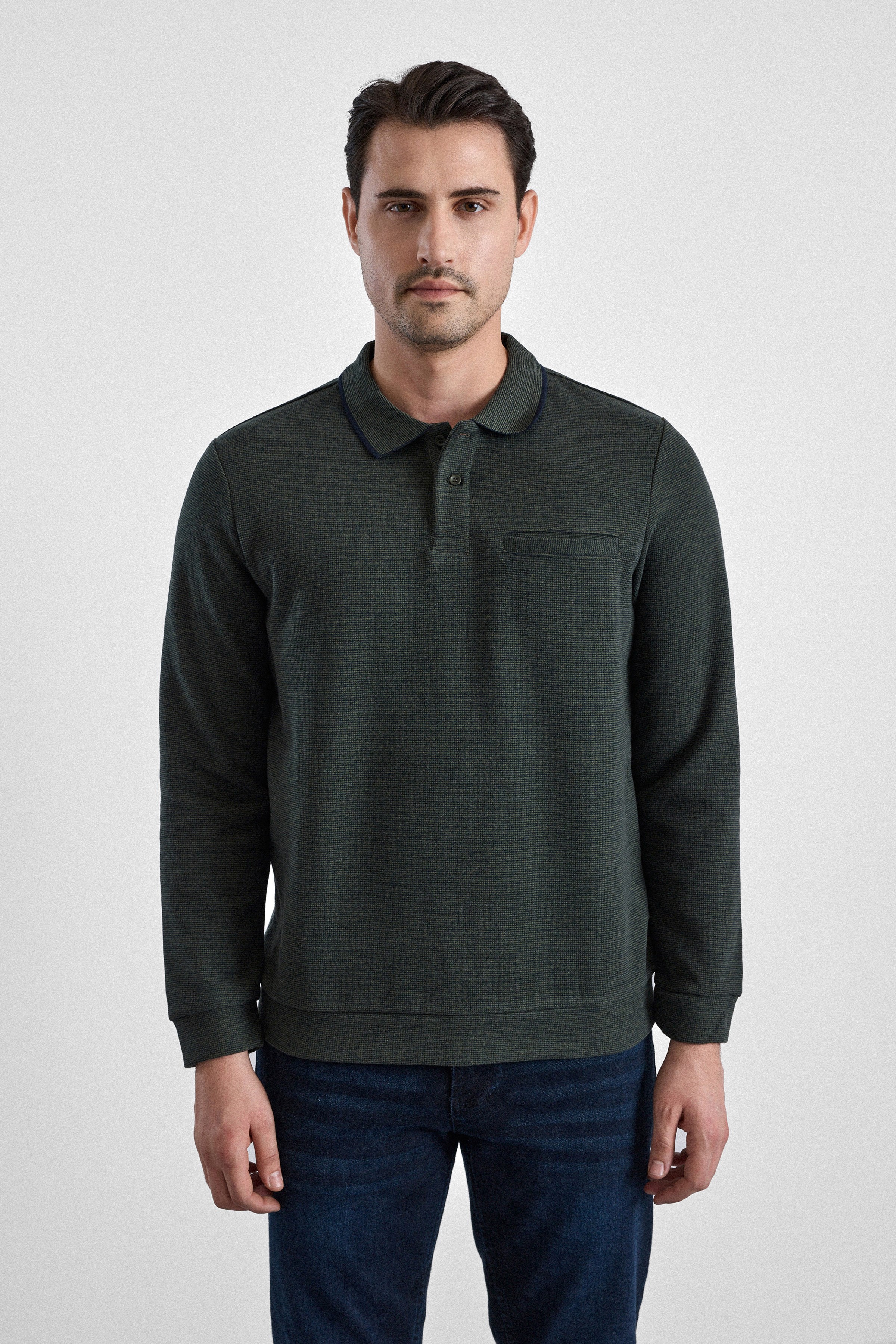 Süvari Haki Regular Düz Polo Yaka Sweatshirt