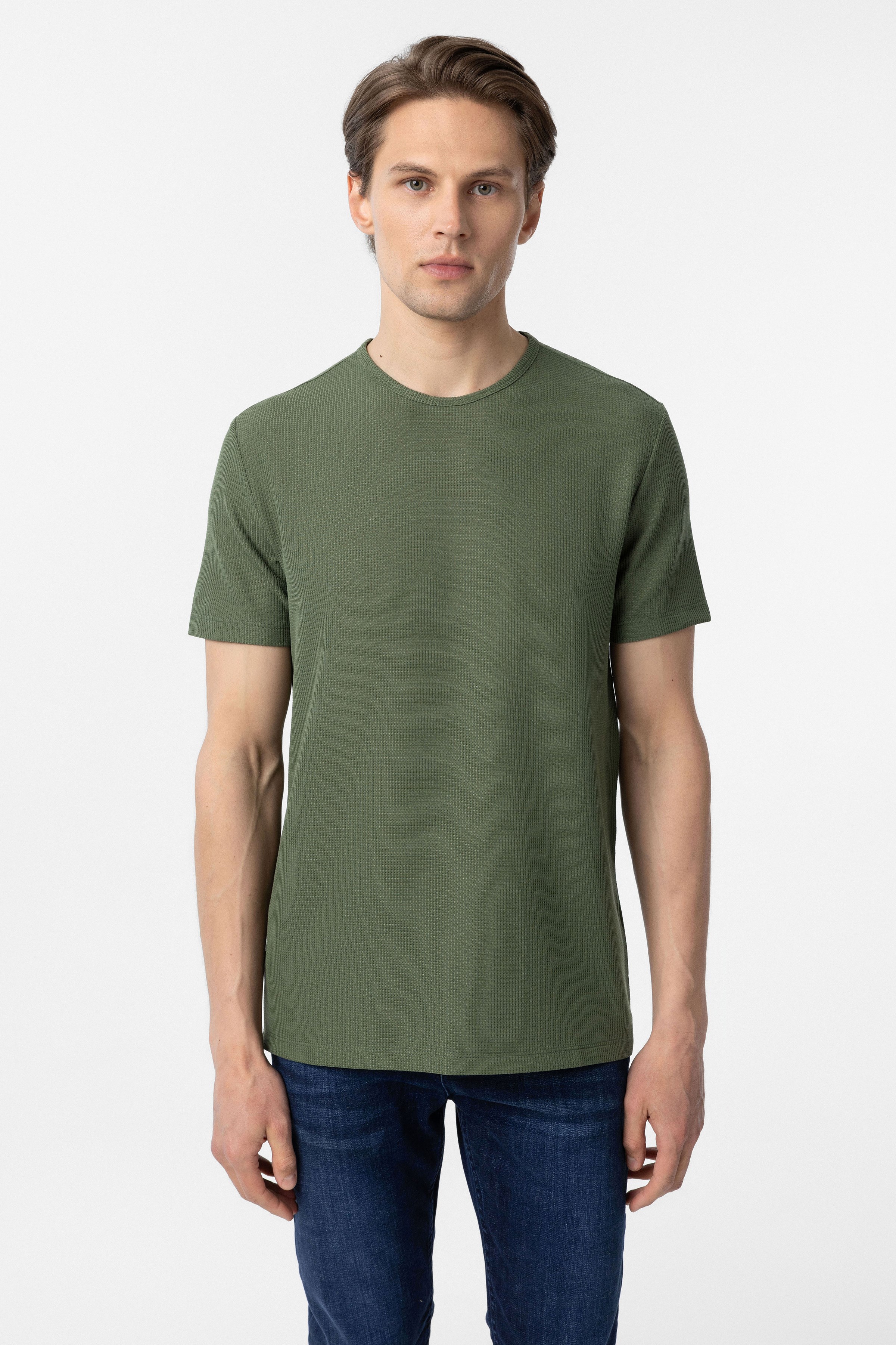 Süvari Koyu Haki Slim Fit Armürlü Bisiklet Yaka Tişört