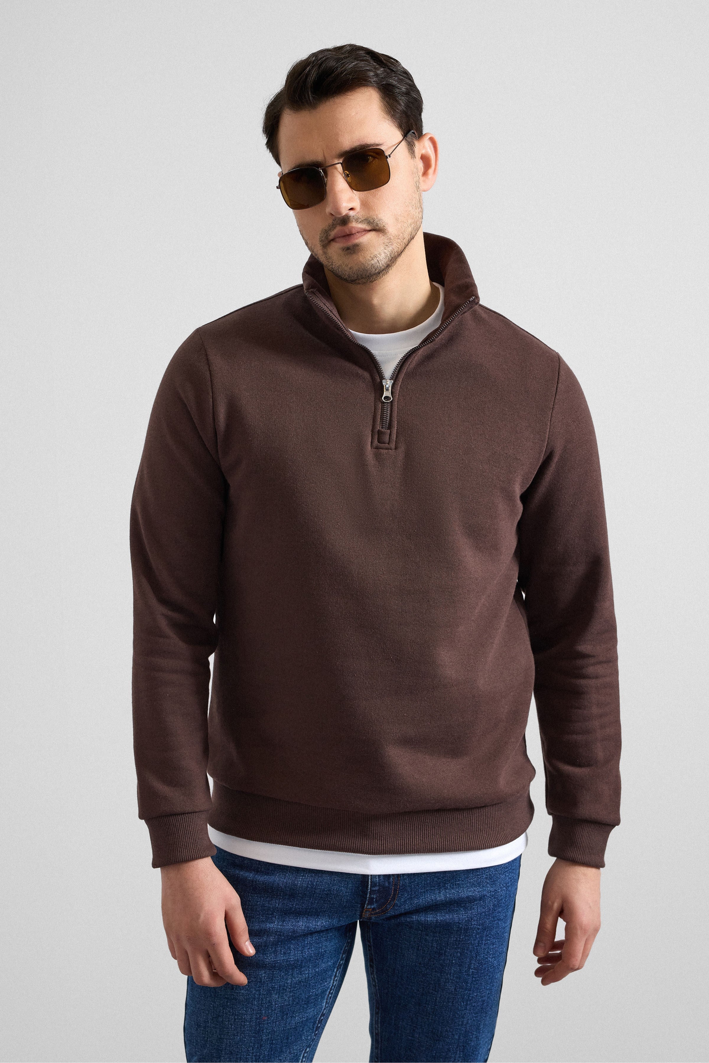 Süvari Koyu Kahve Regular Düz Yarım Balıkçı Yaka Sweatshirt