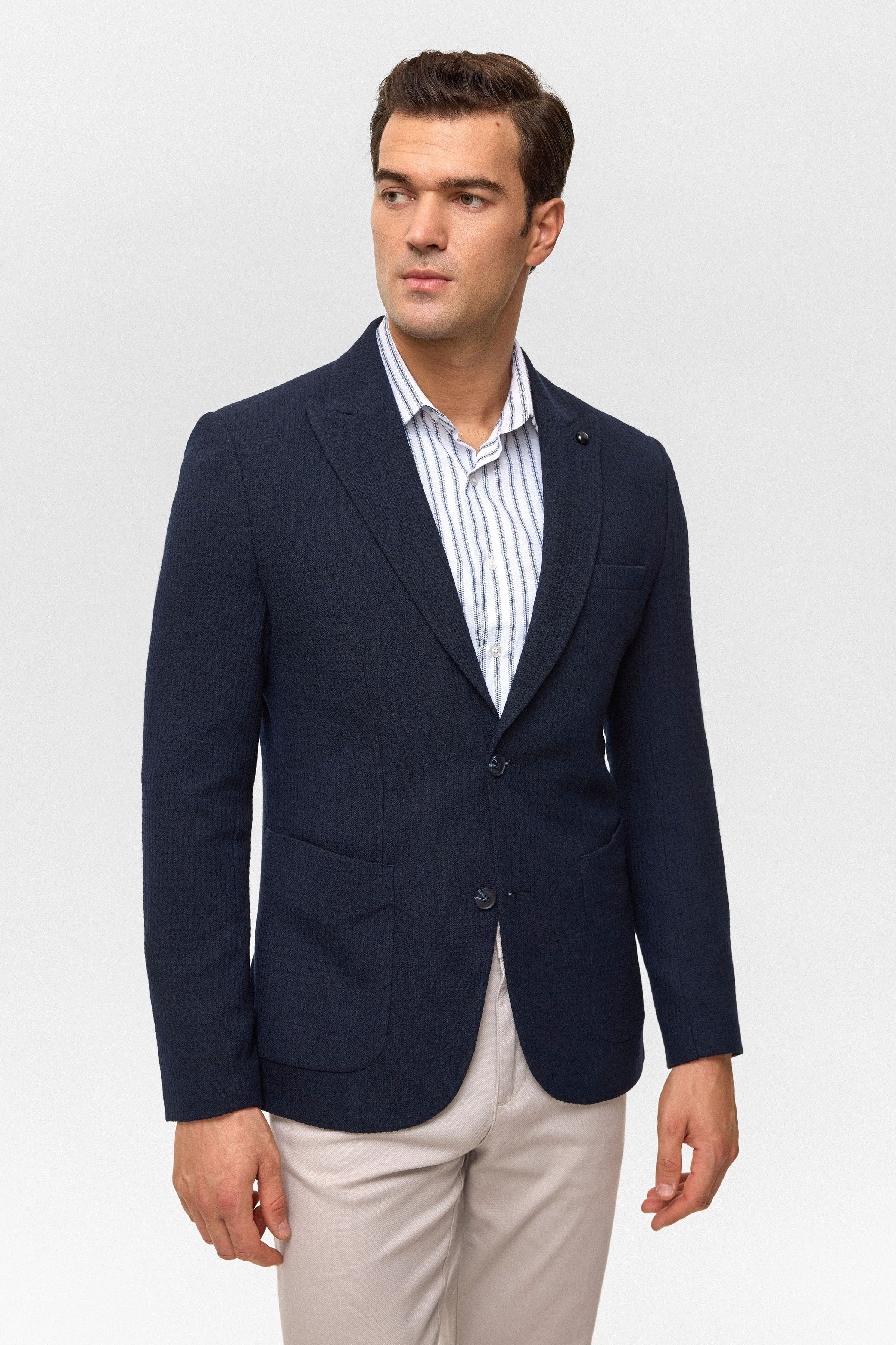 Süvari Lacivert Slim Desenli Mono Yaka 6 Drop Ceket