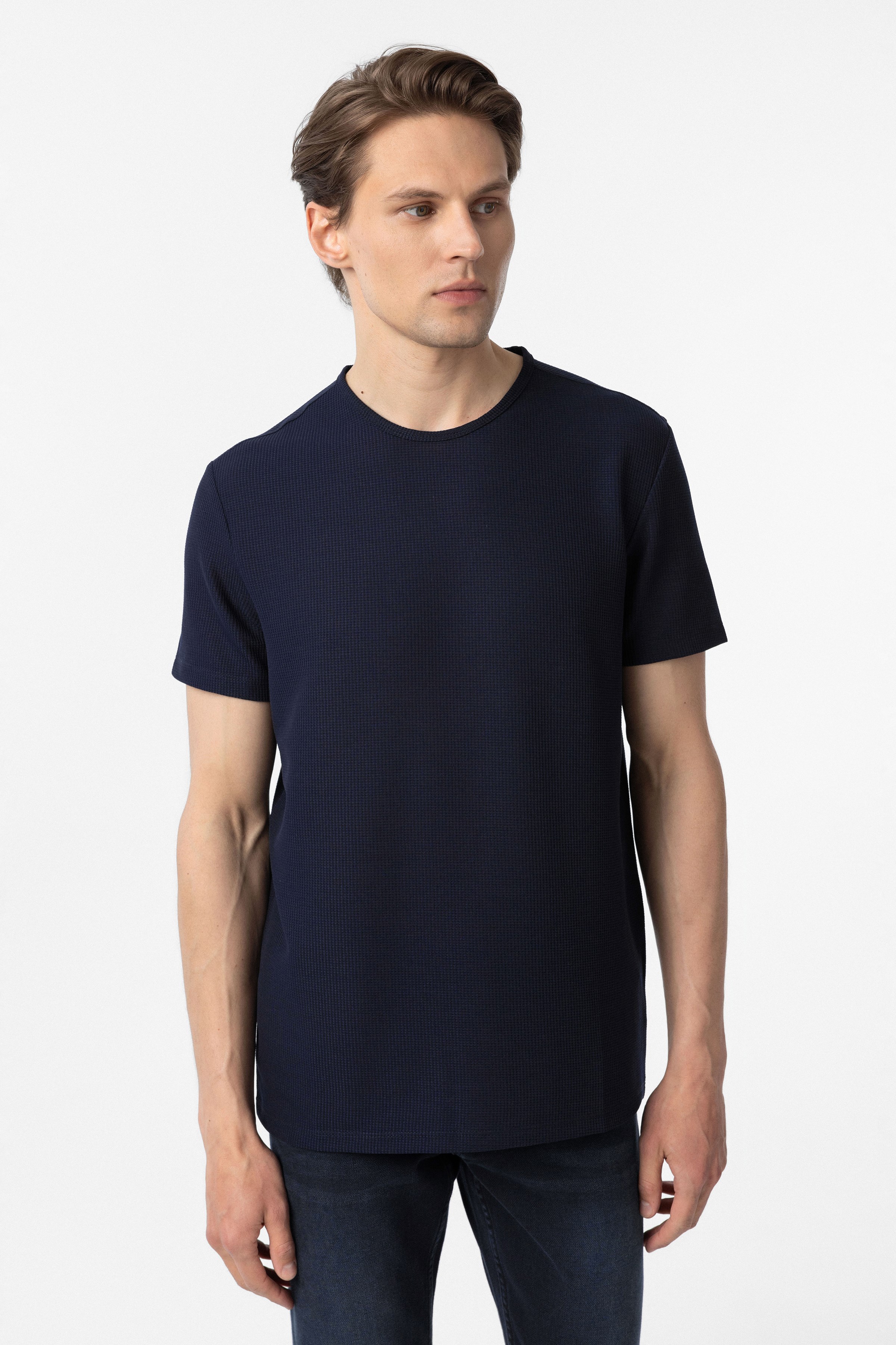 Süvari Lacivert Slim Fit Armürlü Bisiklet Yaka Tişört