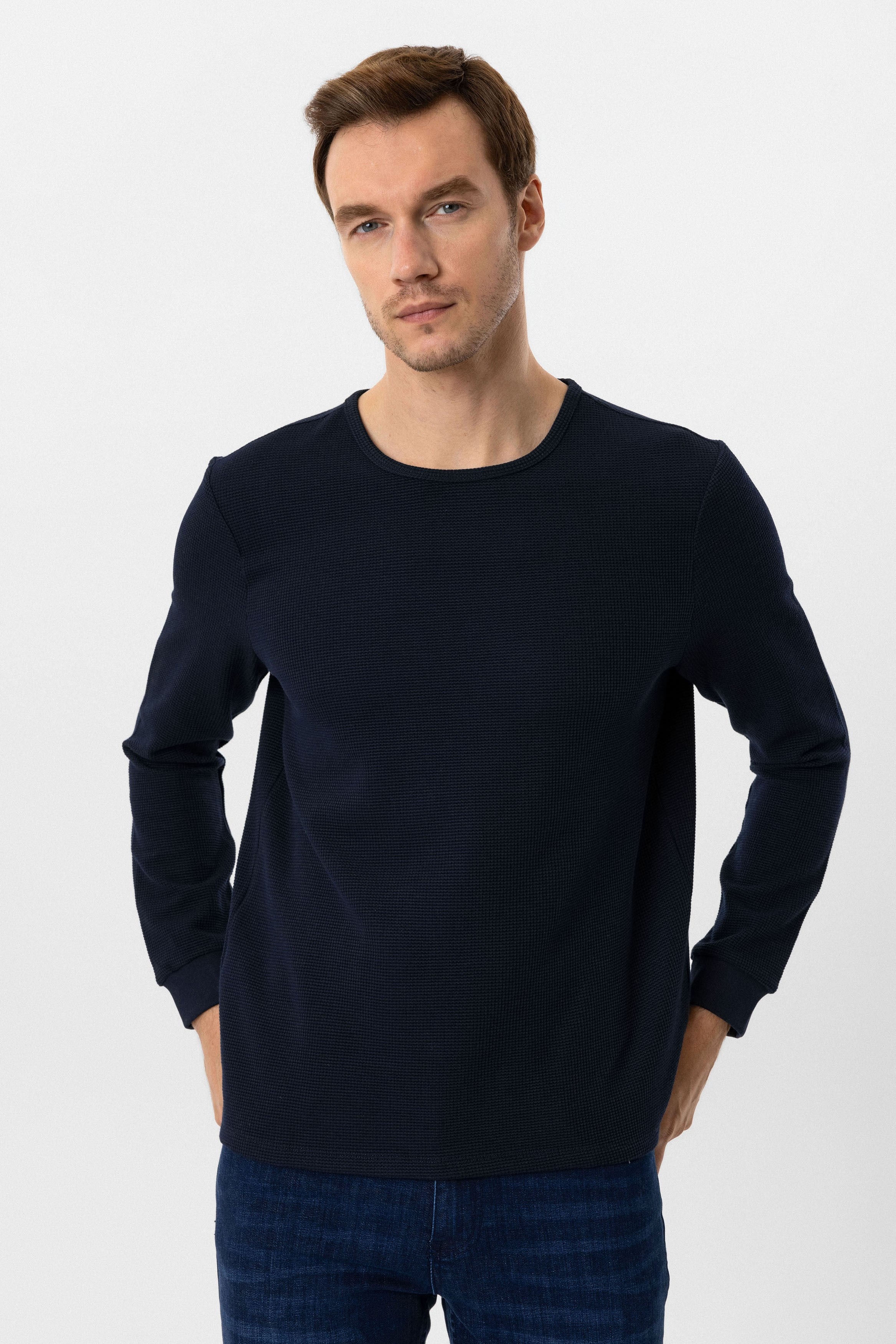 Süvari Lacivert Slim Fit Armürlü Bisiklet Yaka Triko Kazak