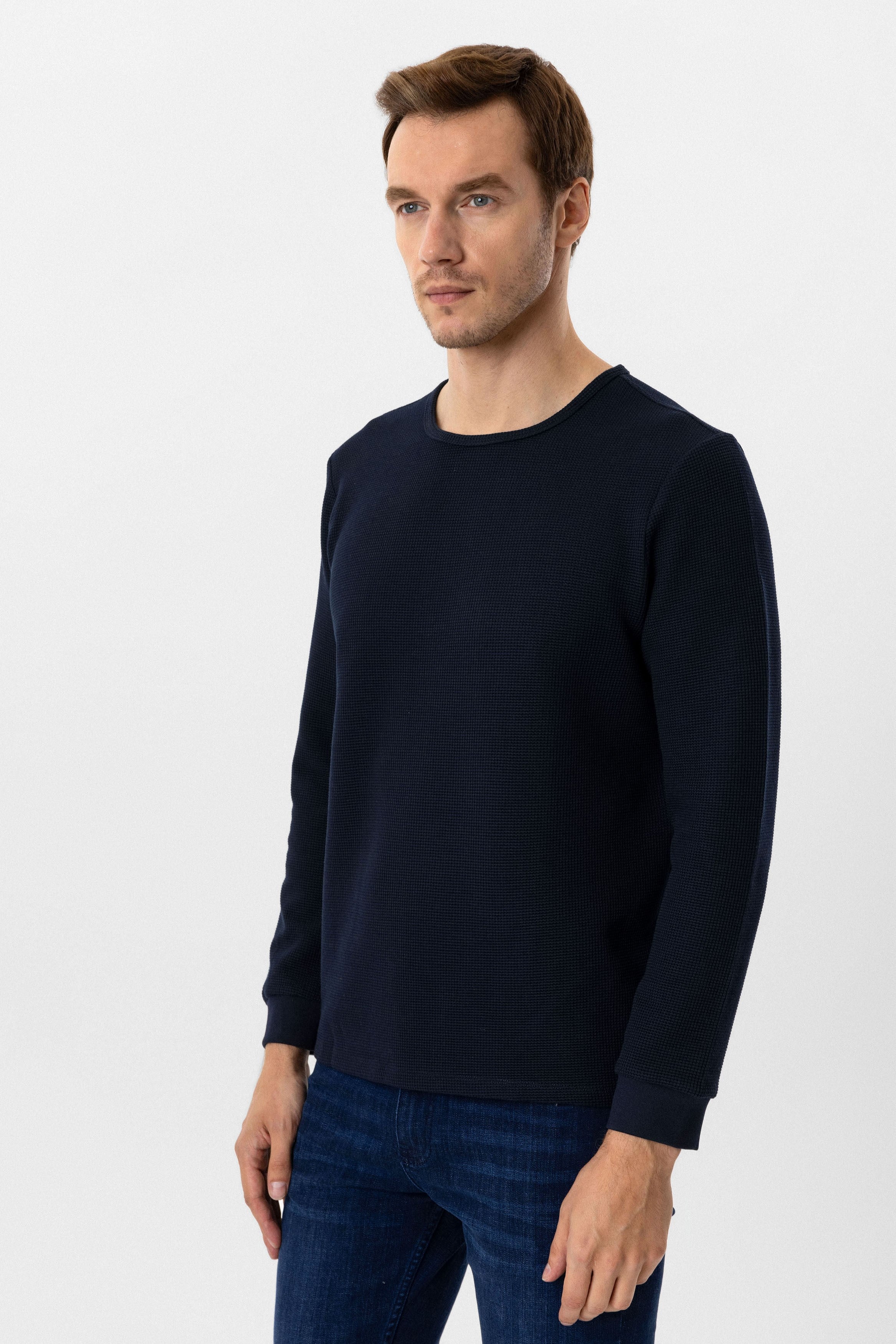Lacivert Slim Fit Armürlü Bisiklet Yaka Triko Kazak