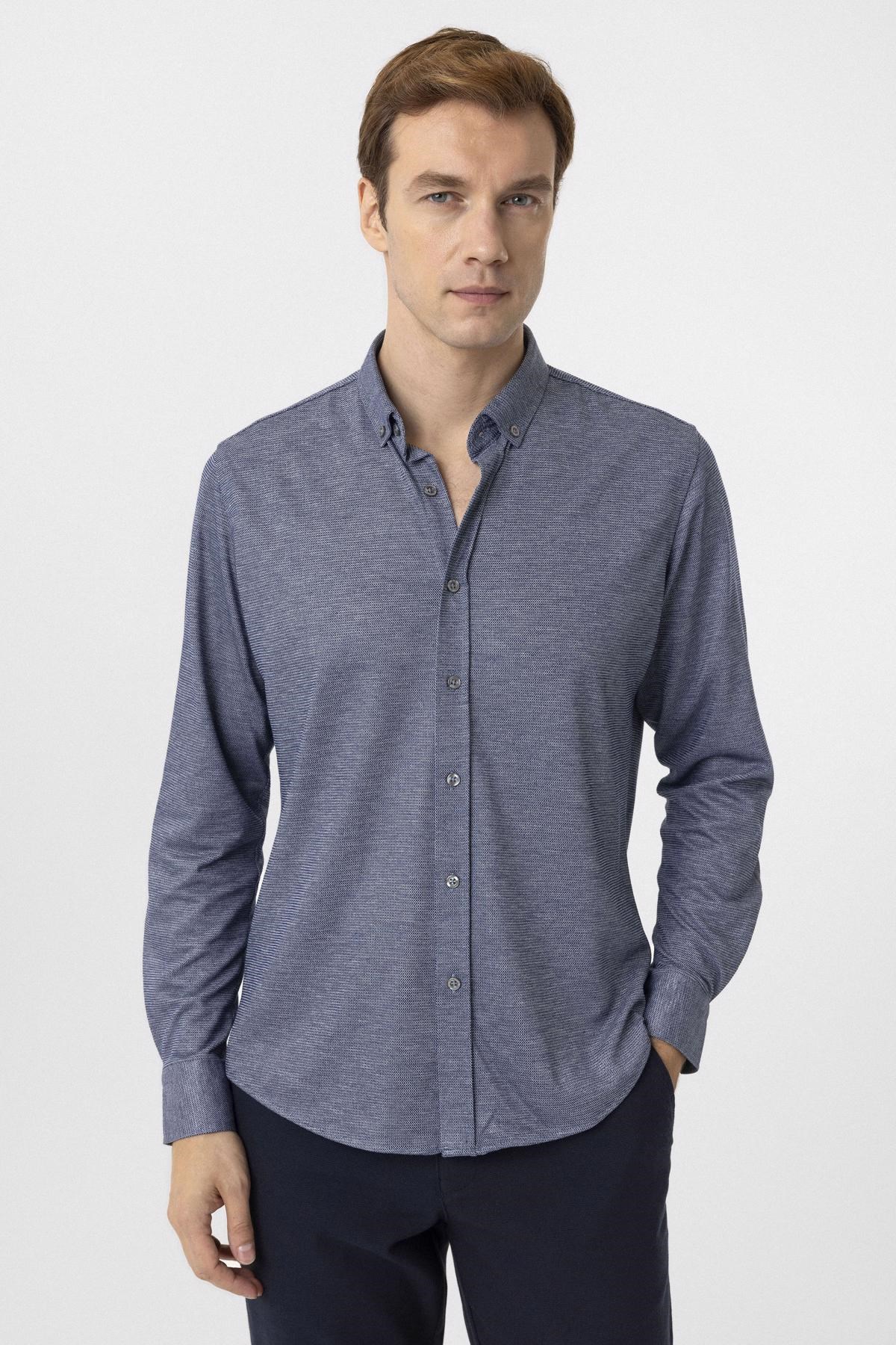 Süvari Lacivert Slim Fit Armürlü Düğmeli Yaka Gömlek
