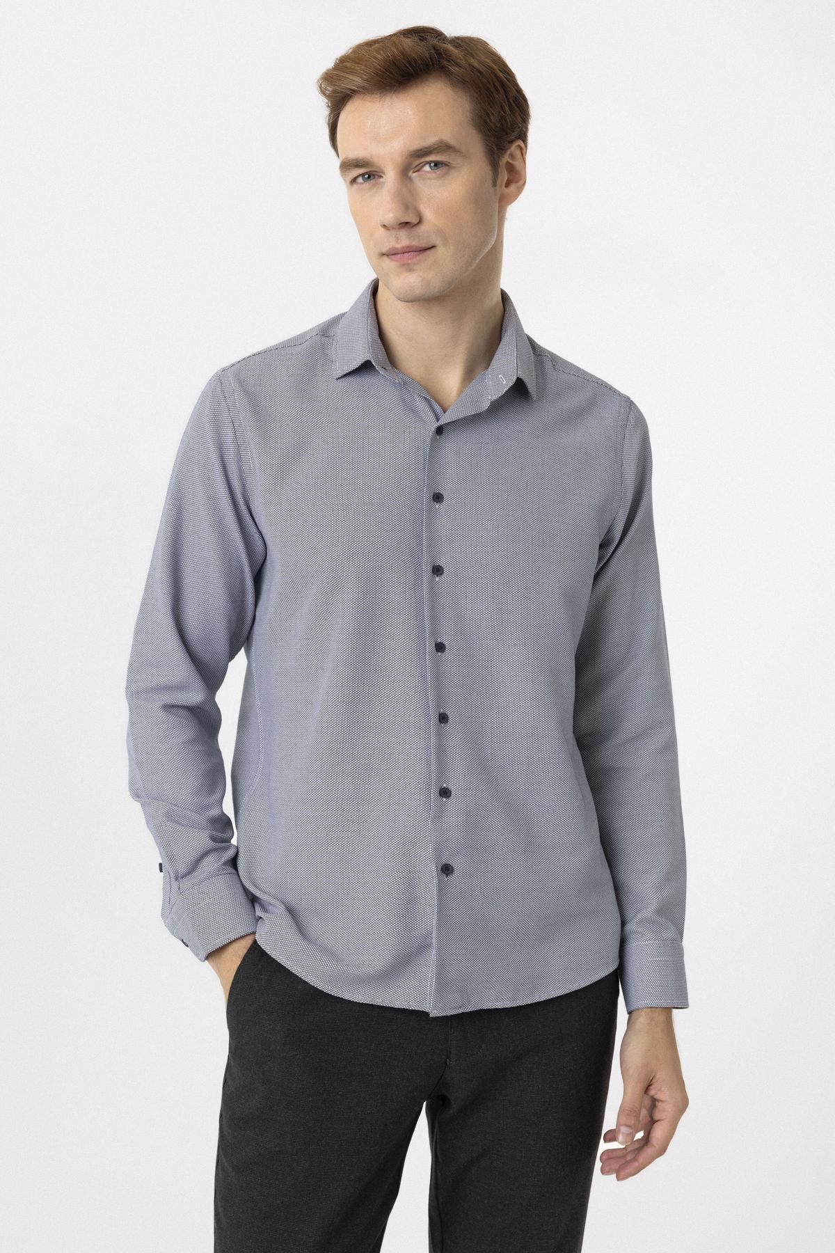 Süvari Lacivert Slim Fit Armürlü Klasik Yaka Gömlek