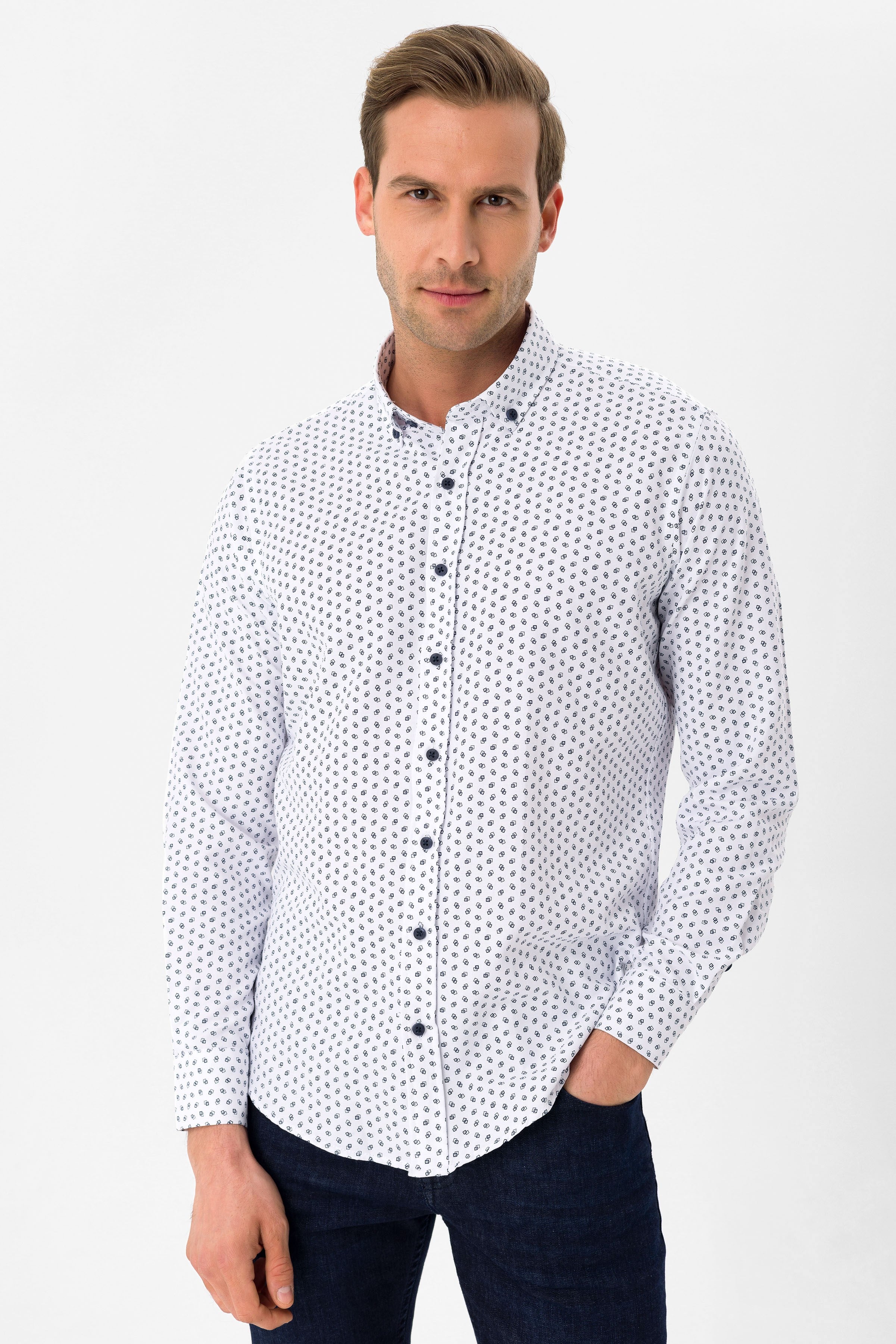 Lacivert Slim Fit Baskılı Düğmeli Yaka Gömlek