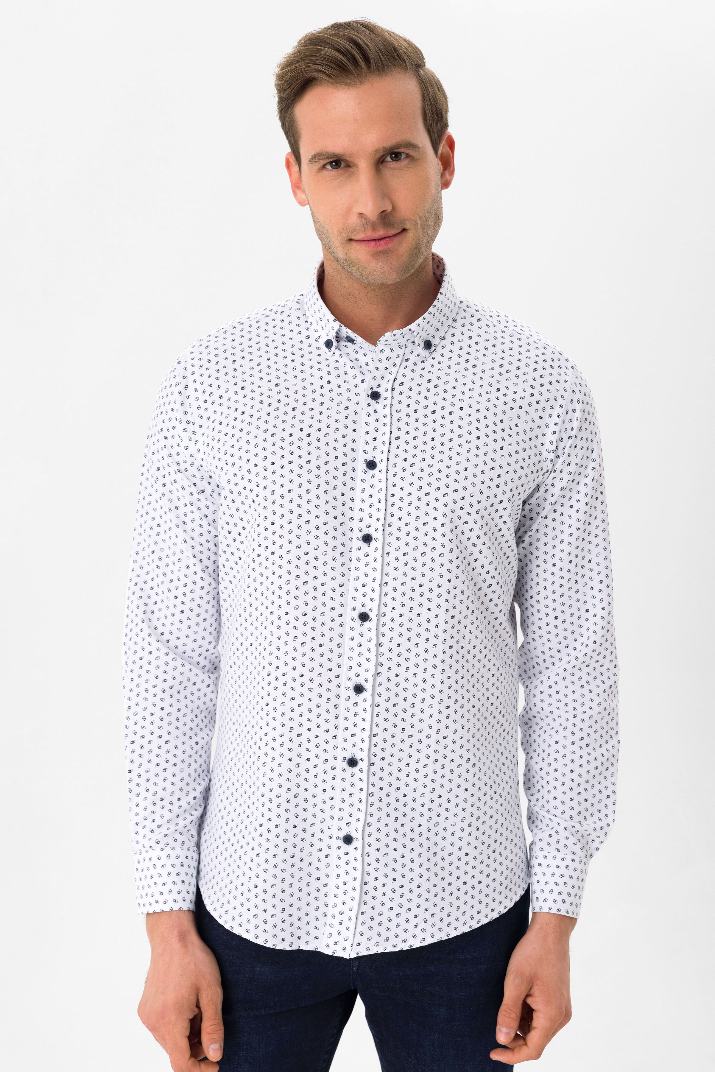 Lacivert Slim Fit Baskılı Düğmeli Yaka Gömlek