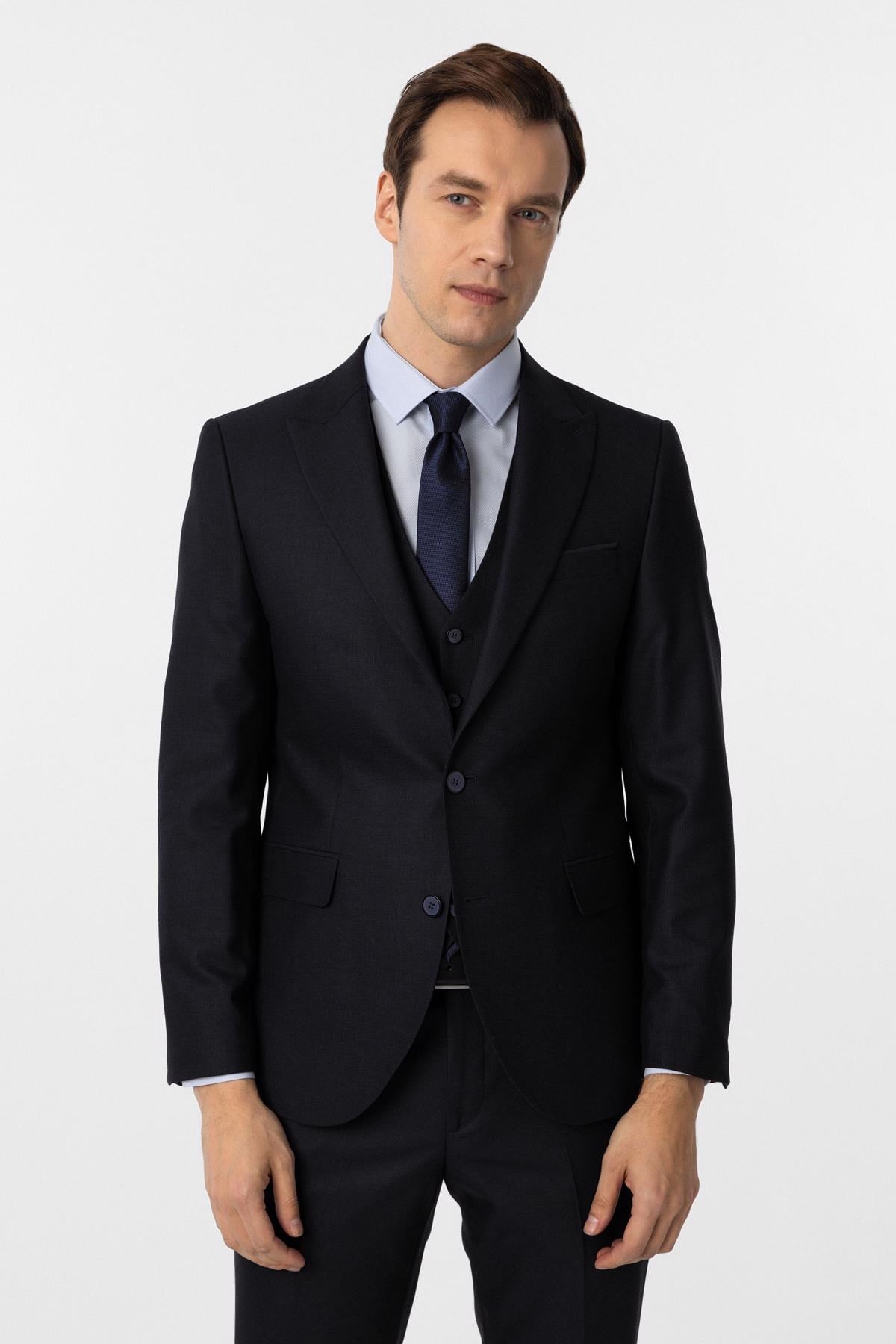 Lacivert Slim Fit Desenli Sivri Yaka 6 Drop Yelekli Klasik Takım Elbise