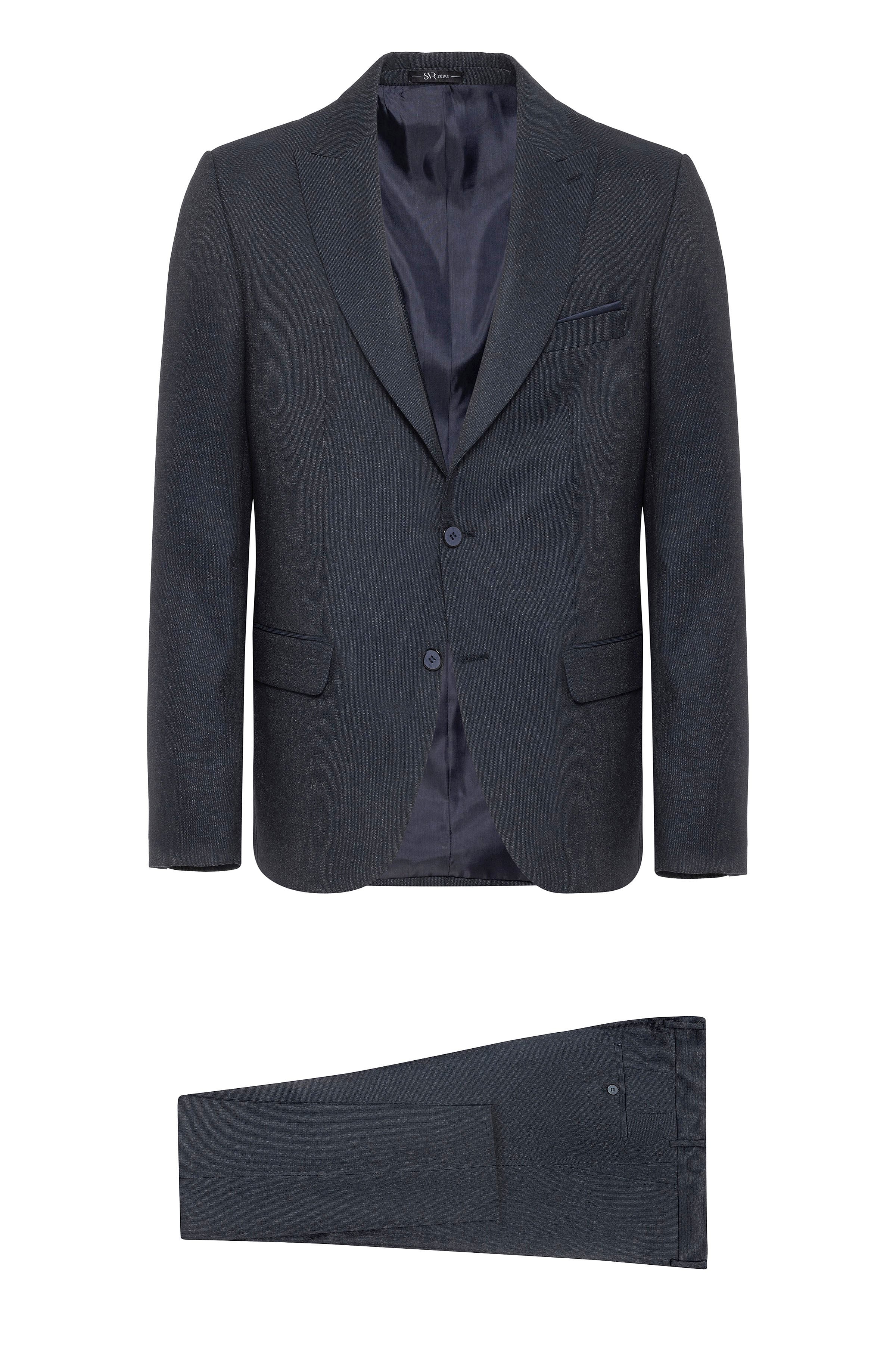 Süvari Lacivert Slim Fit Desenli Sivri Yaka 6 Drop Klasik Takım Elbise
