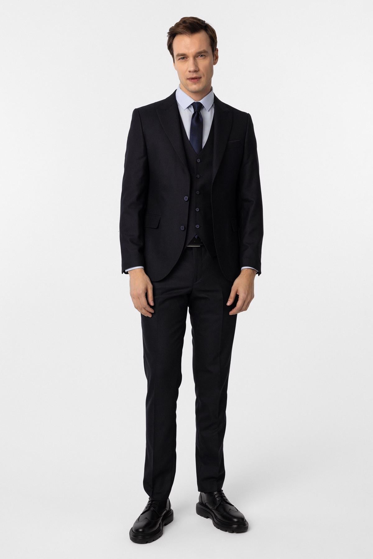 Lacivert Slim Fit Desenli Sivri Yaka 6 Drop Yelekli Klasik Takım Elbise