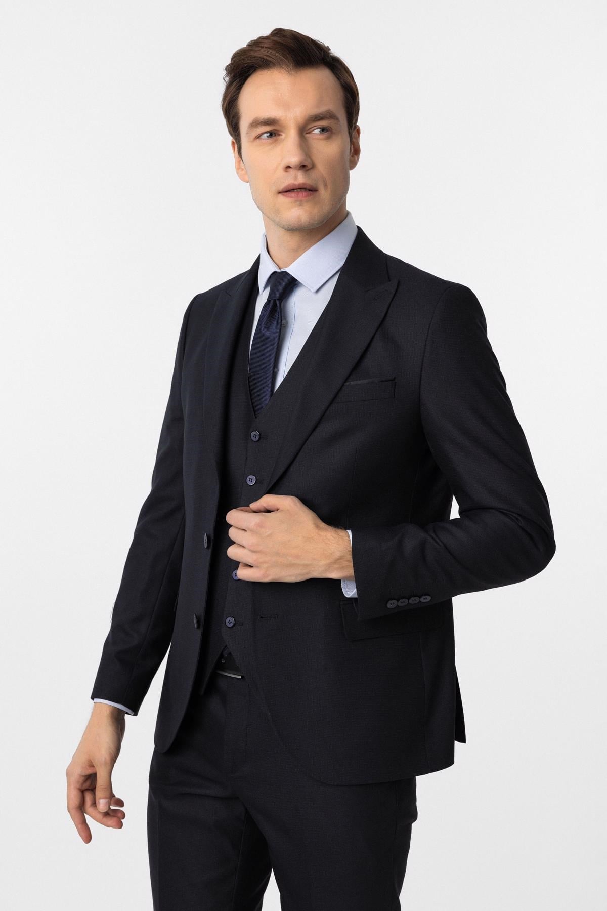 Lacivert Slim Fit Desenli Sivri Yaka 6 Drop Yelekli Klasik Takım Elbise