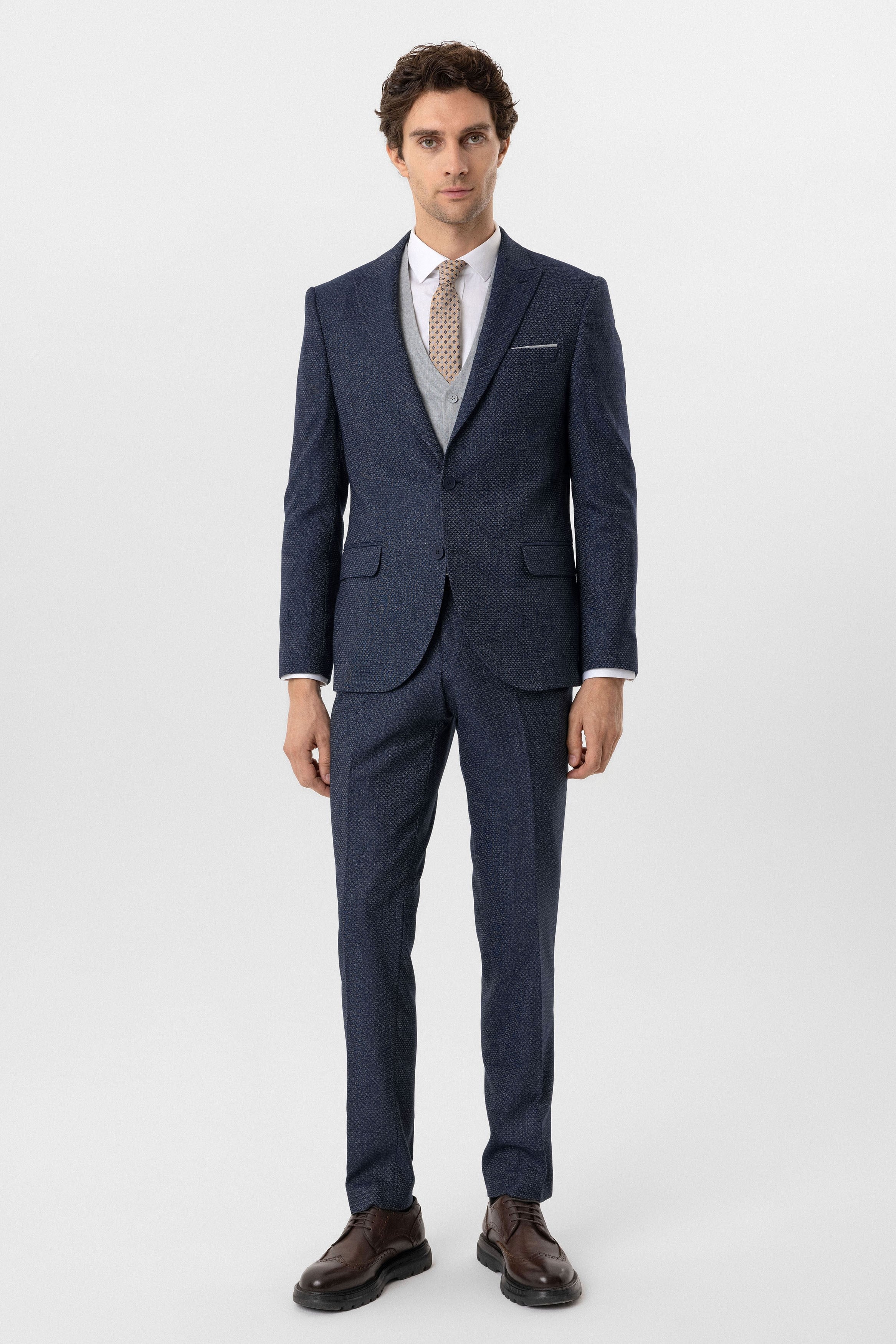 Lacivert Slim Fit Desenli Sivri Yaka 6 Drop Yelekli Klasik Takım Elbise