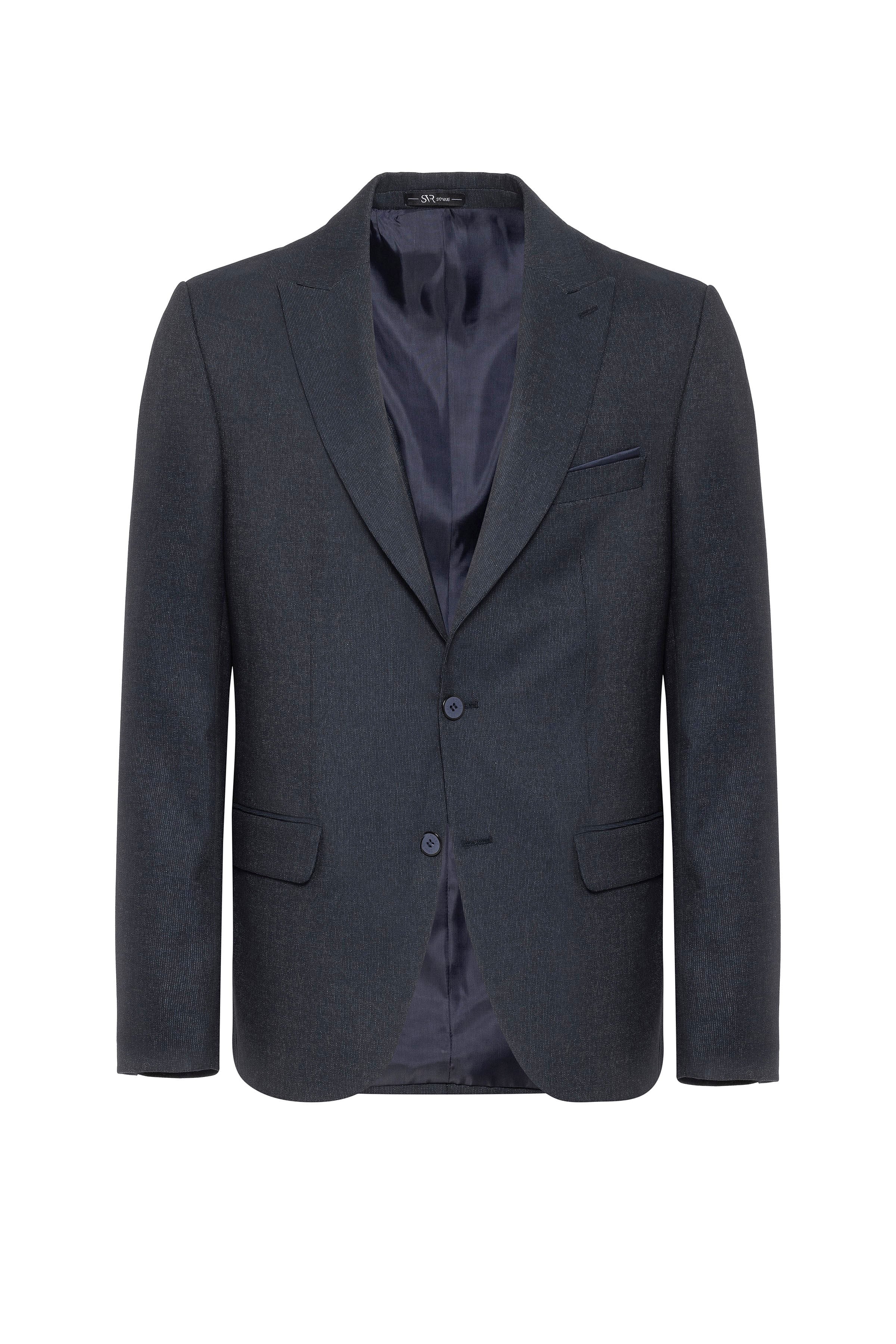 Lacivert Slim Fit Desenli Sivri Yaka 6 Drop Klasik Takım Elbise