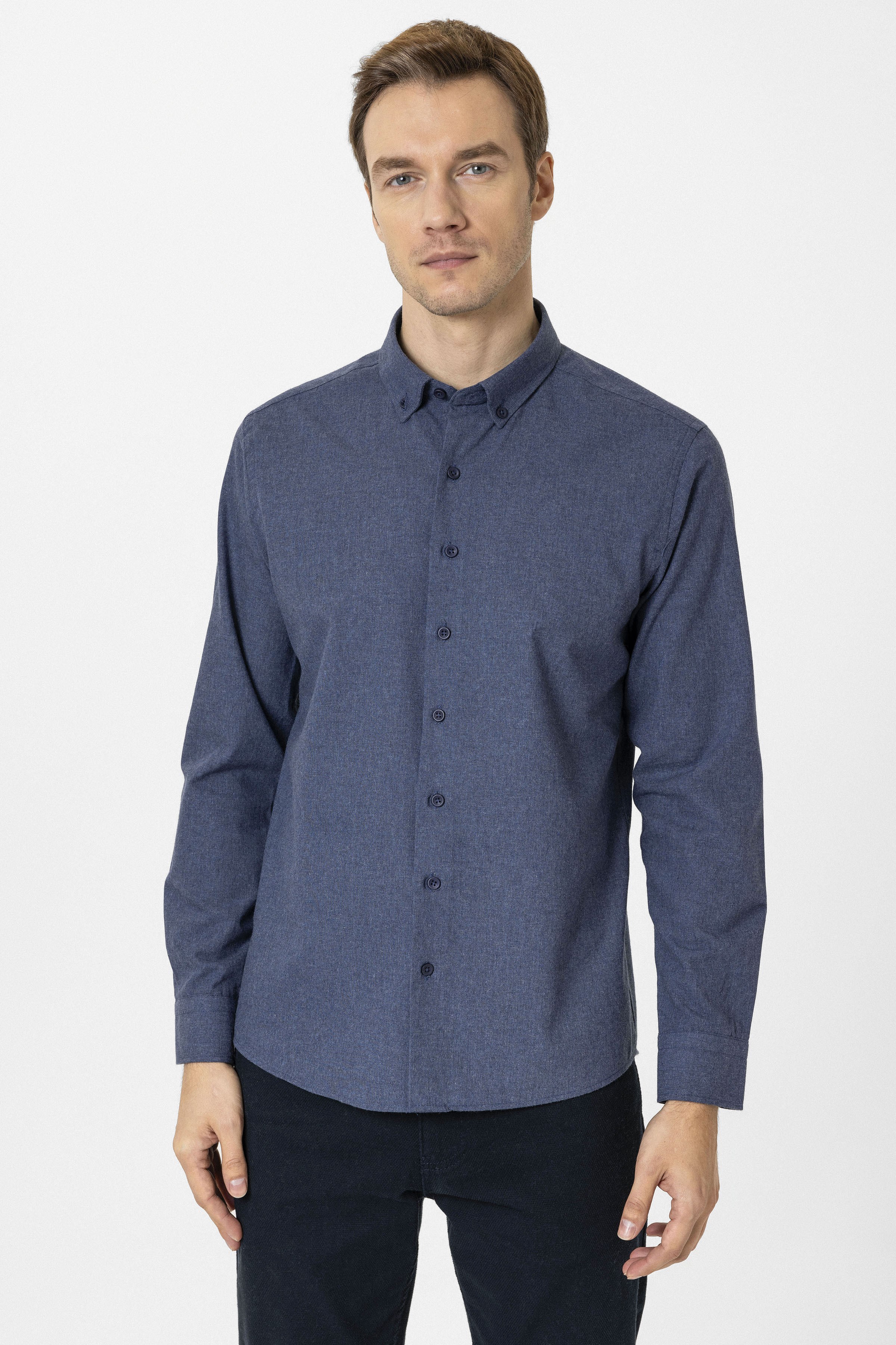 Süvari Lacivert Slim Fit Düz Düğmeli Yaka Gömlek