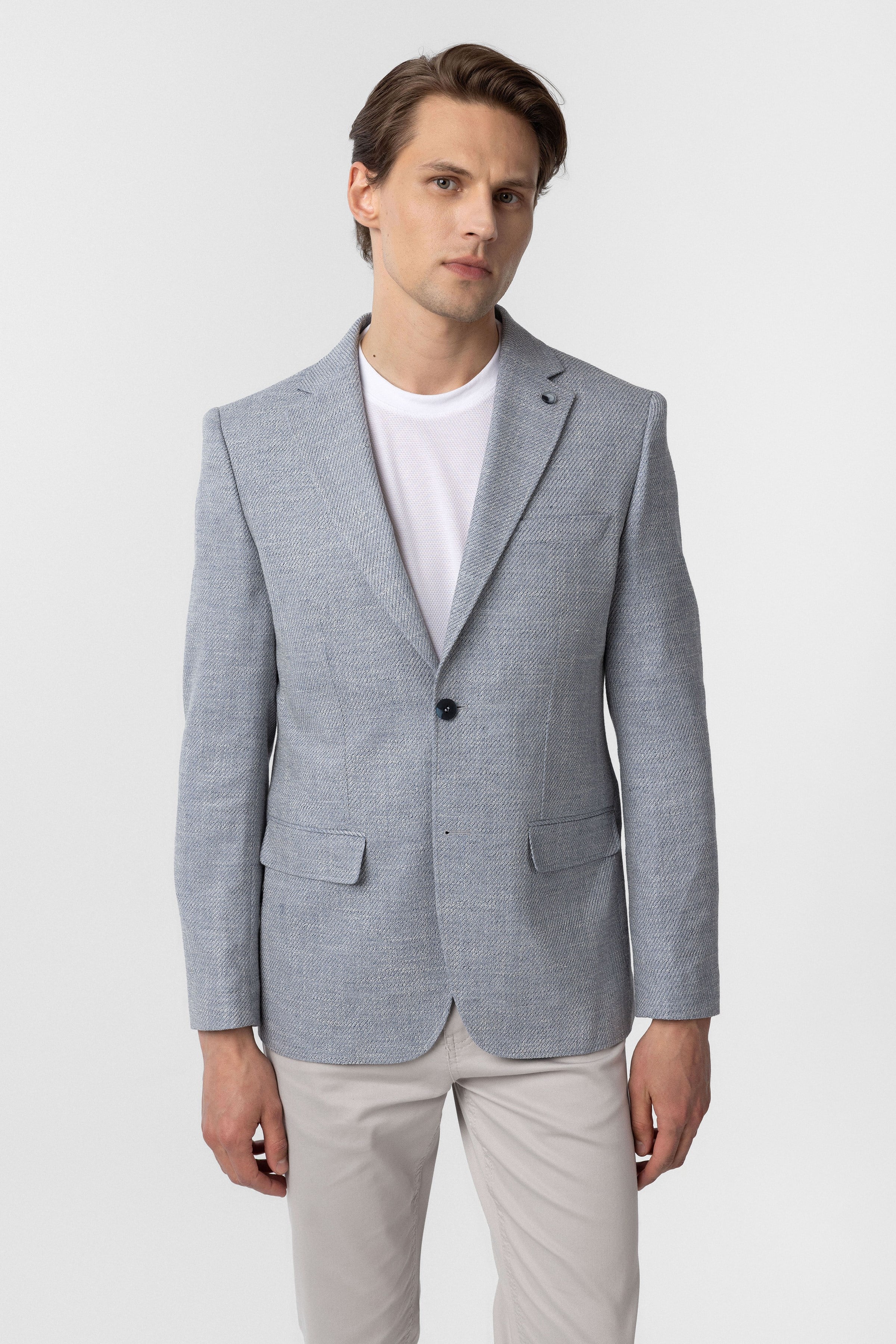 Süvari Mavi Slim Fit Düz Mono Yaka 6 Drop Ceket görsel 2