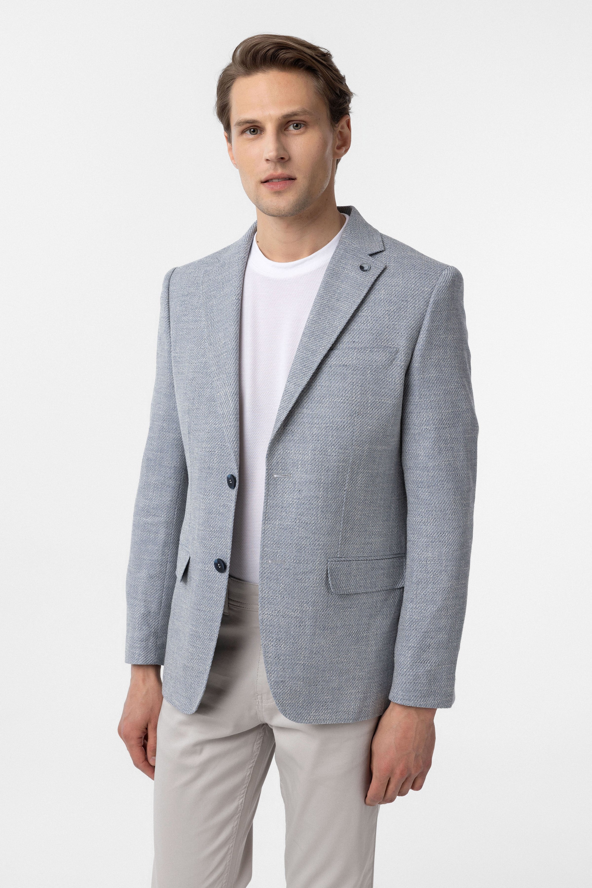 Süvari Mavi Slim Fit Düz Mono Yaka 6 Drop Ceket görsel 3