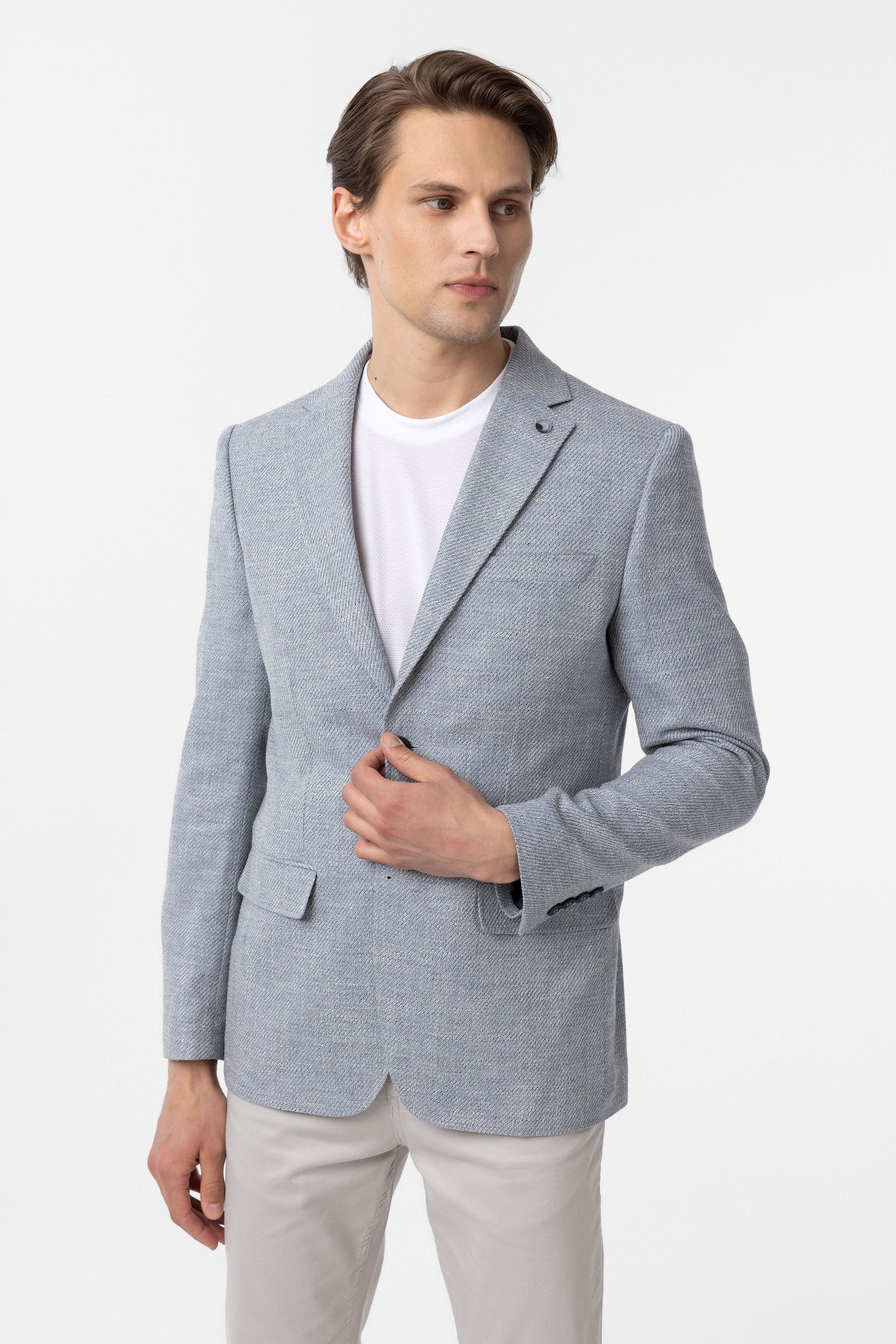 Süvari Mavi Slim Fit Düz Mono Yaka 6 Drop Ceket görsel 4