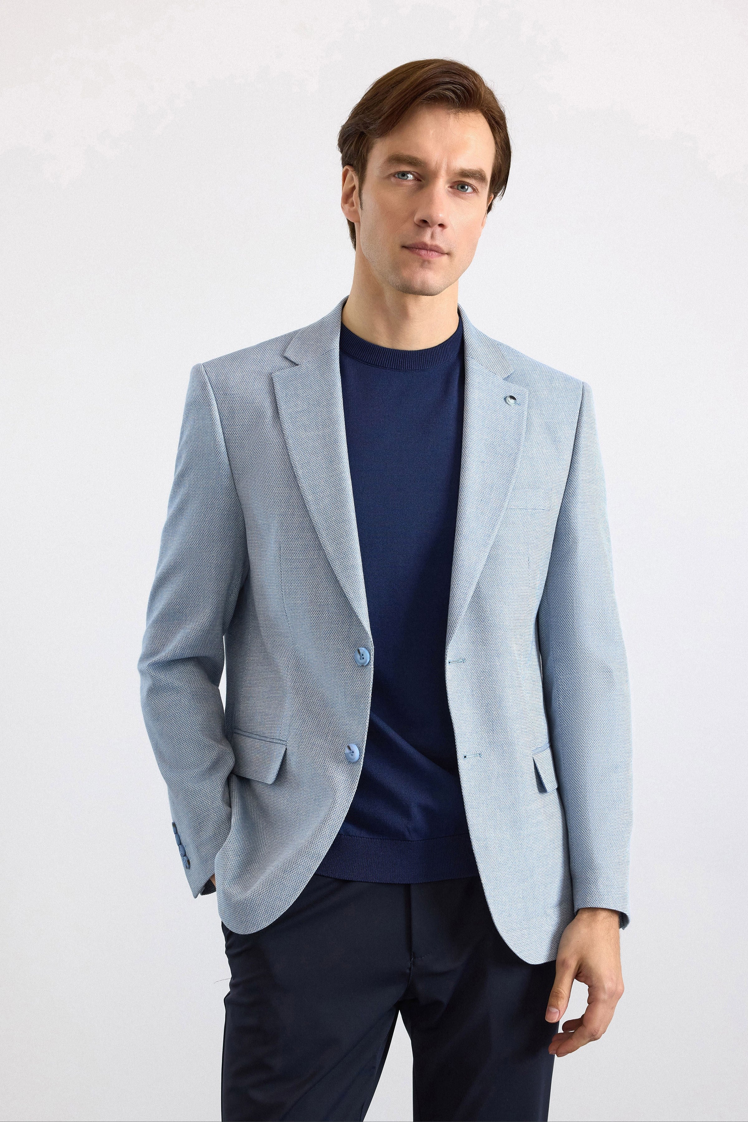 Saks Mavi Slim Mono Yaka Torba Cep 6 Drop Klasik Ceket